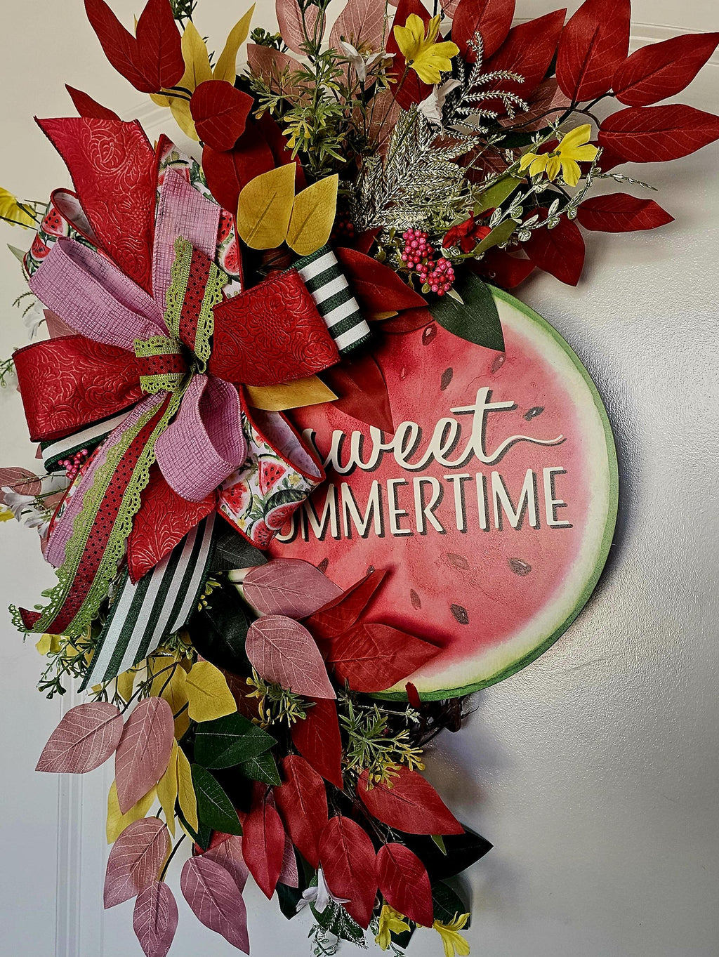 Handmade Watermelon Summer Wreath, Whimsical Faux Leaf Decor