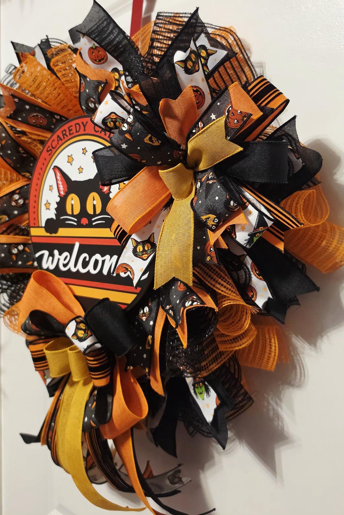 Black Cat Halloween Wreath, Scaredy Cats Welcome Door Decor