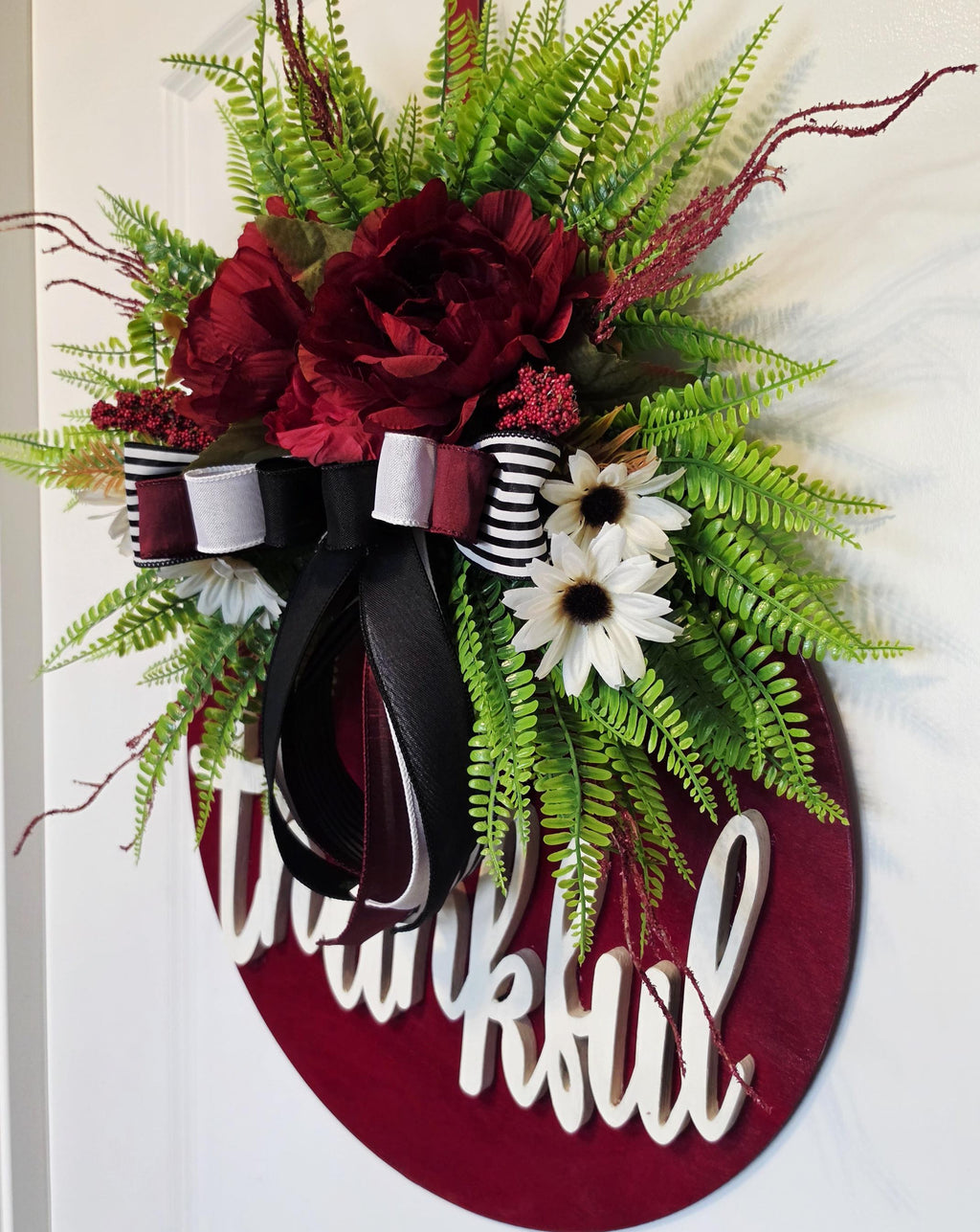 Handcrafted Burgundy Peony Fall Door Hanger, Farmhouse Autumn Wreath, Thanksgiving Porch Sign