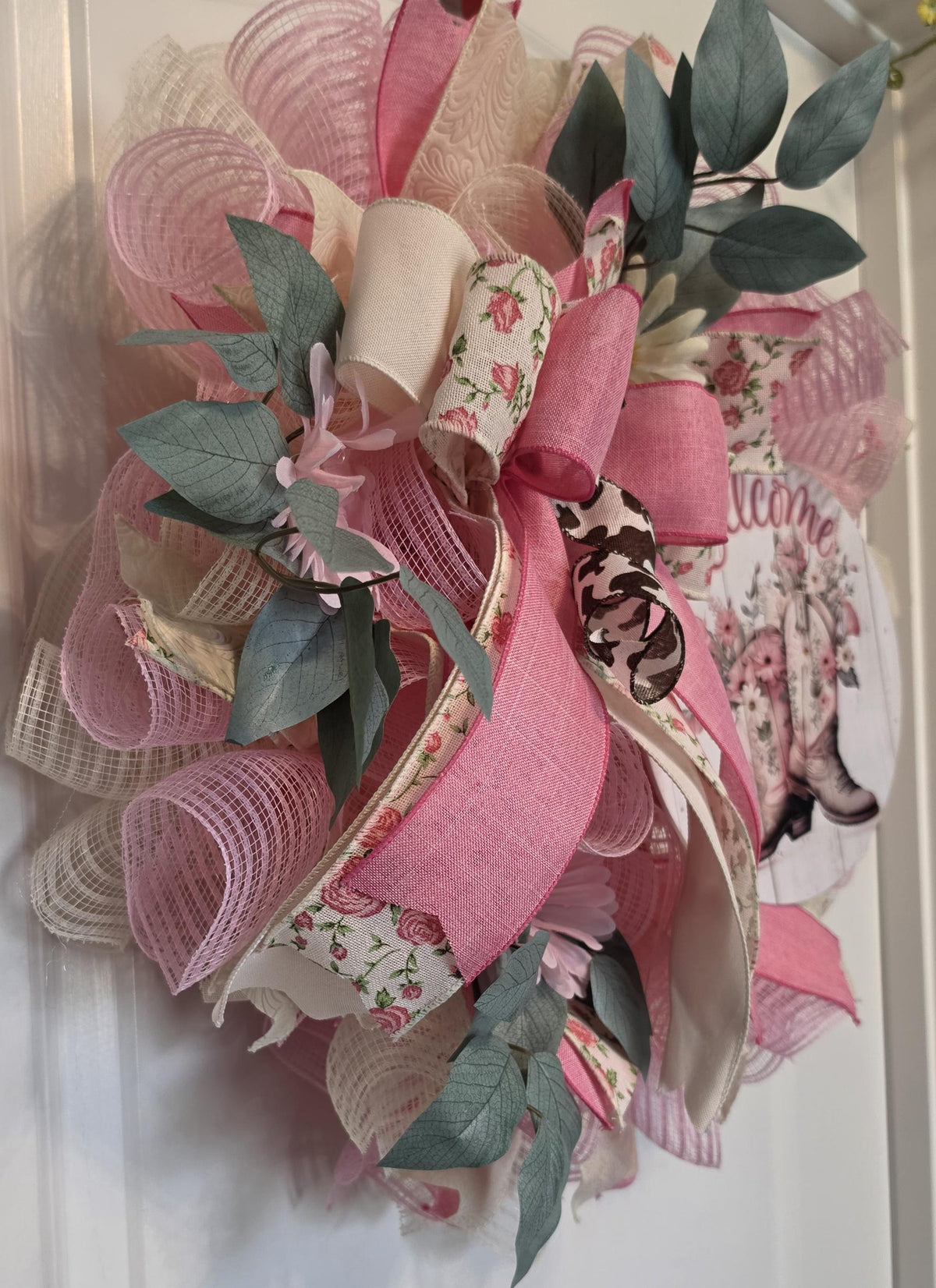 Pink Cowboy Boot Wreath, Feminine Western Farmhouse Door Decor
