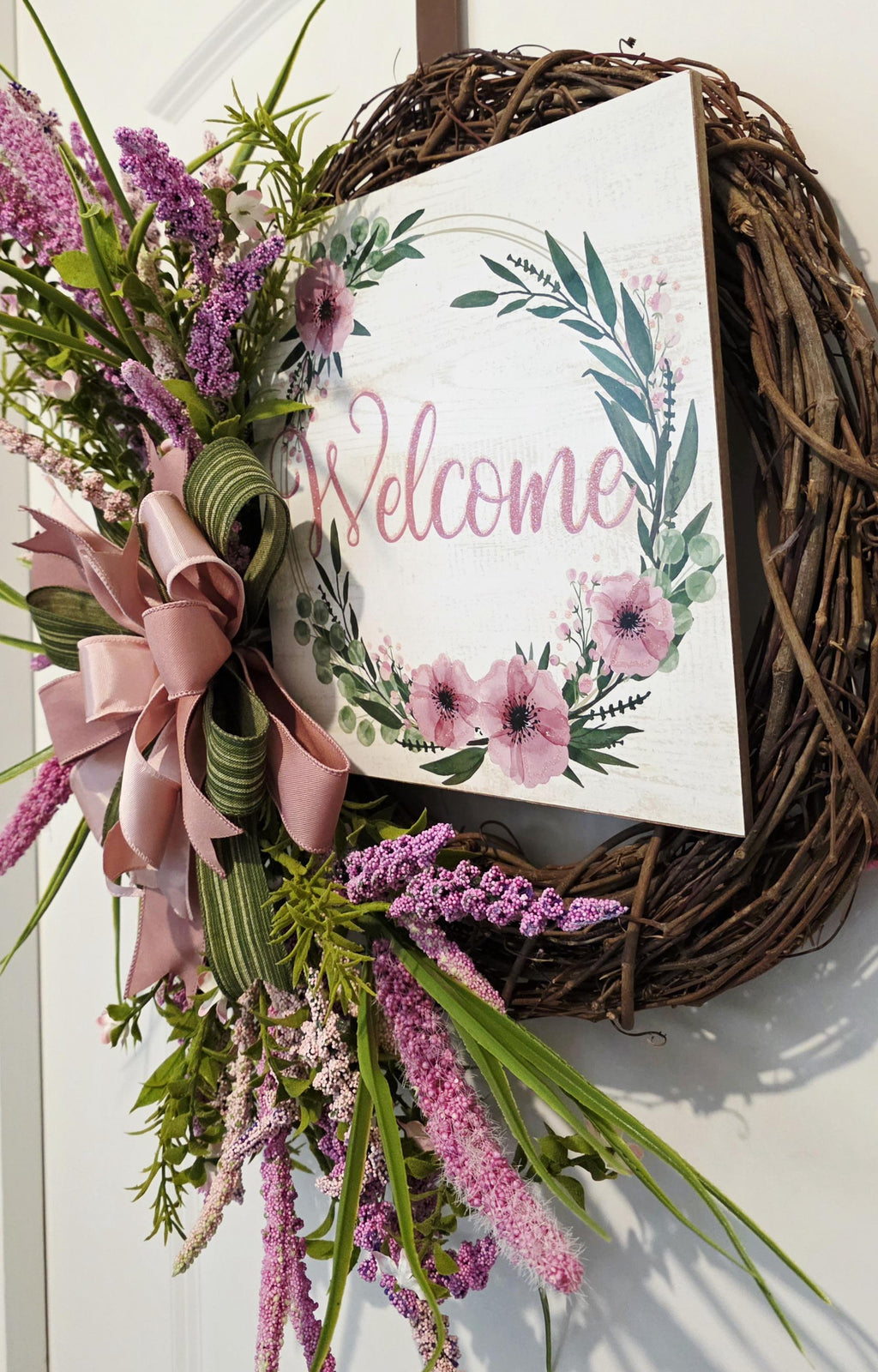 Handcrafted Pink Floral Grapevine Wreath, Rustic Farmhouse Spring Door Decor