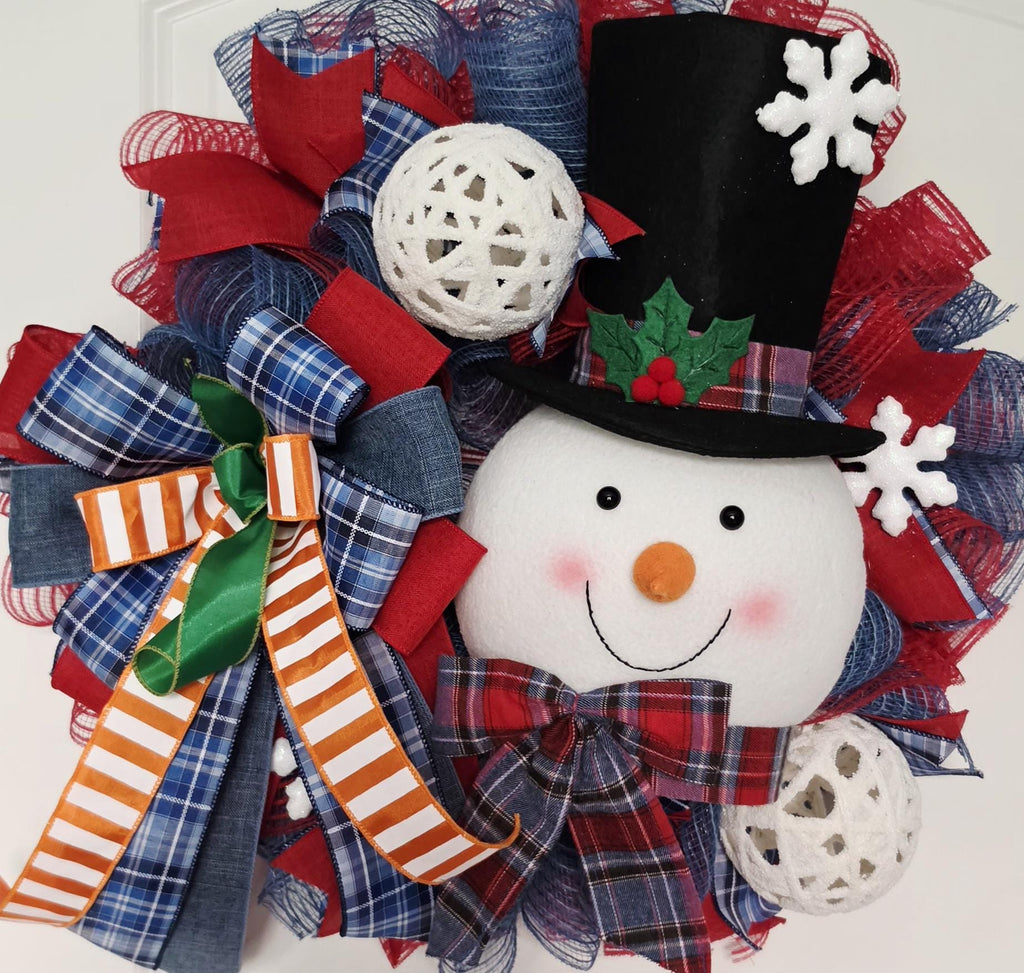 Snowman Christmas Wreath, Winter Front Door Wreath, Plush Snowman Holiday Decor, Christmas Mesh Wreath, Farmhouse Christmas Door Decor