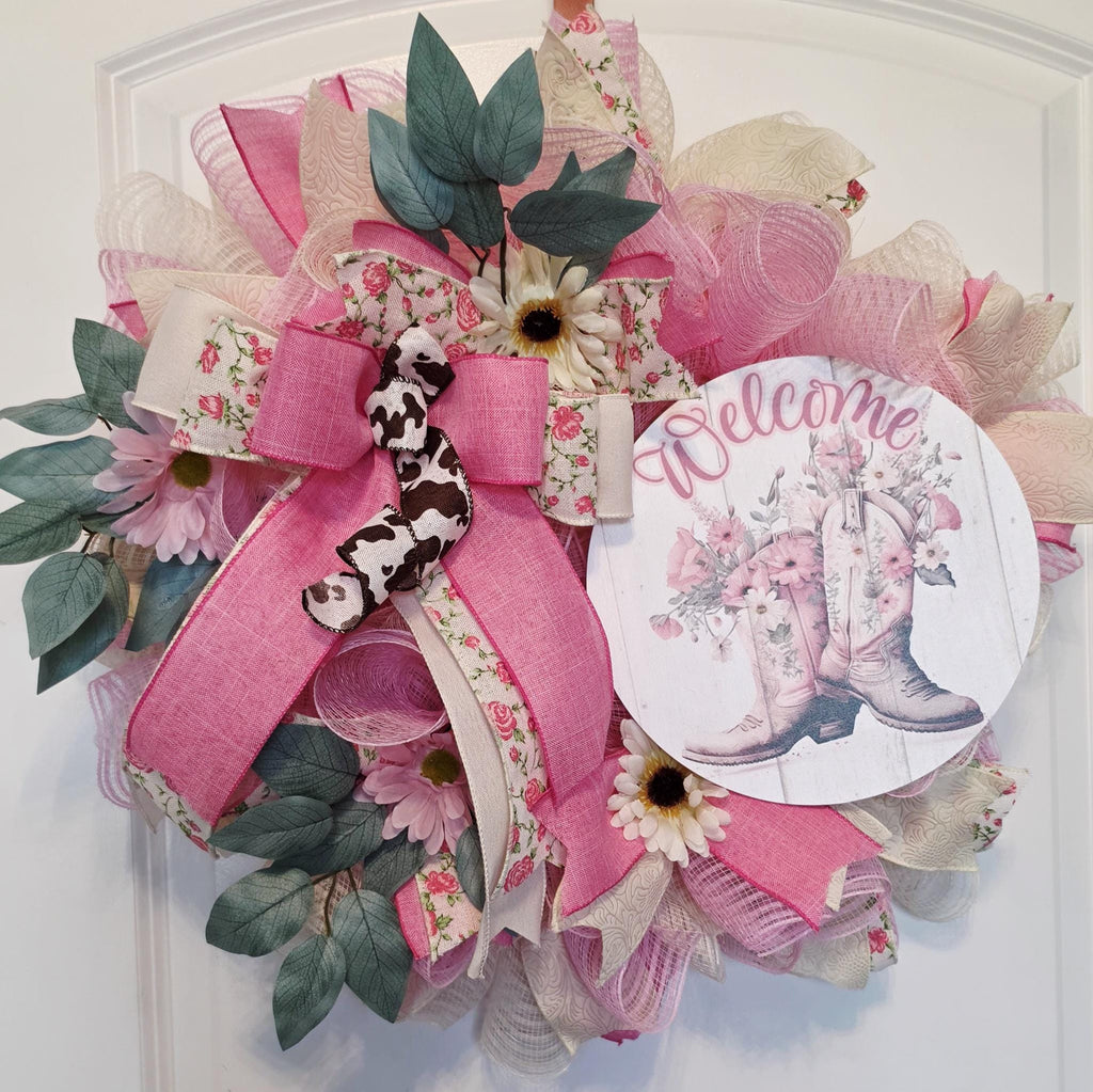 Pink Cowboy Boot Wreath, Feminine Western Farmhouse Door Decor