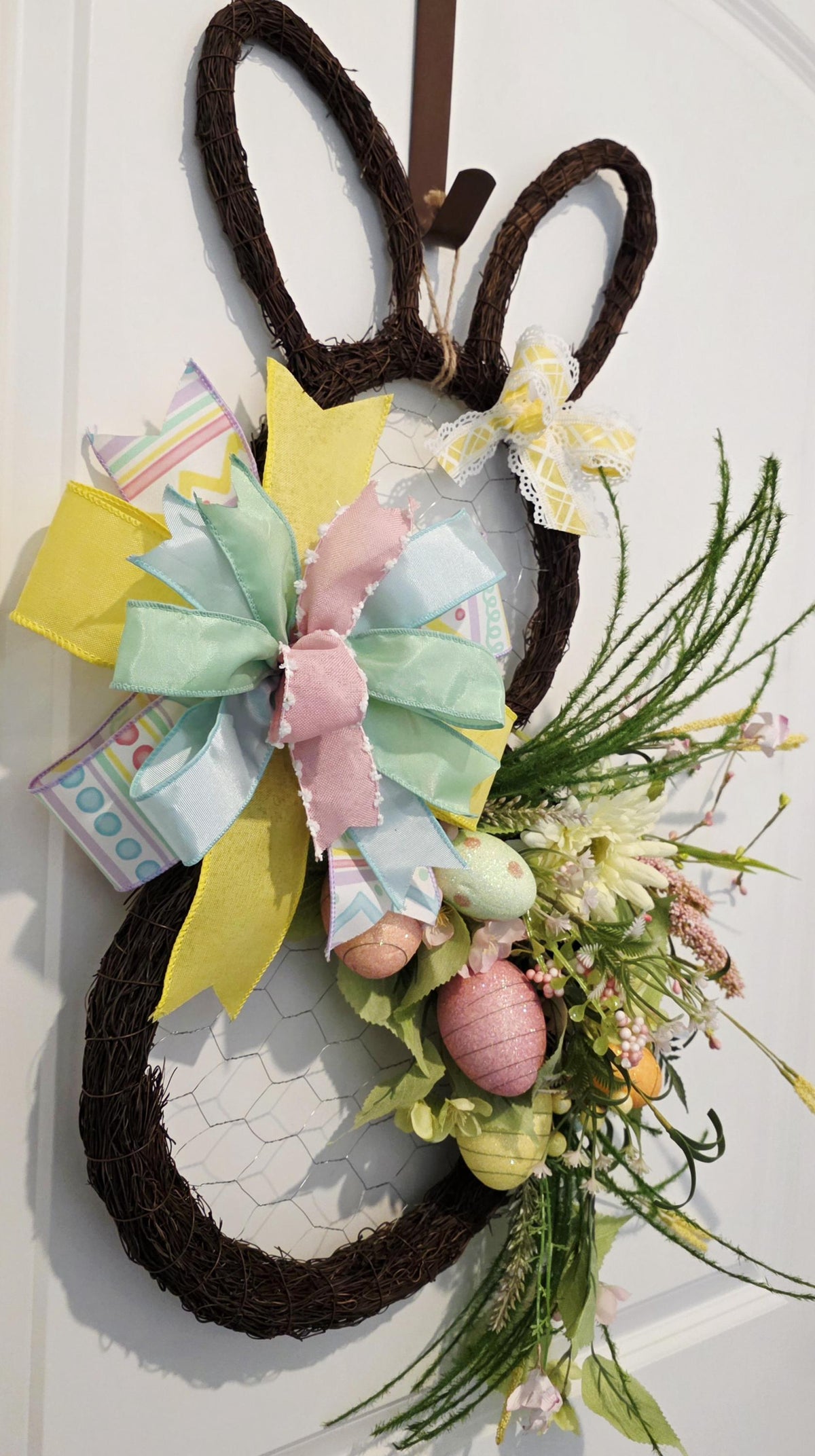 Handmade Grapevine Easter Bunny Wreath, Pastel Eggs, Spring Florals, Farmhouse Door Decor