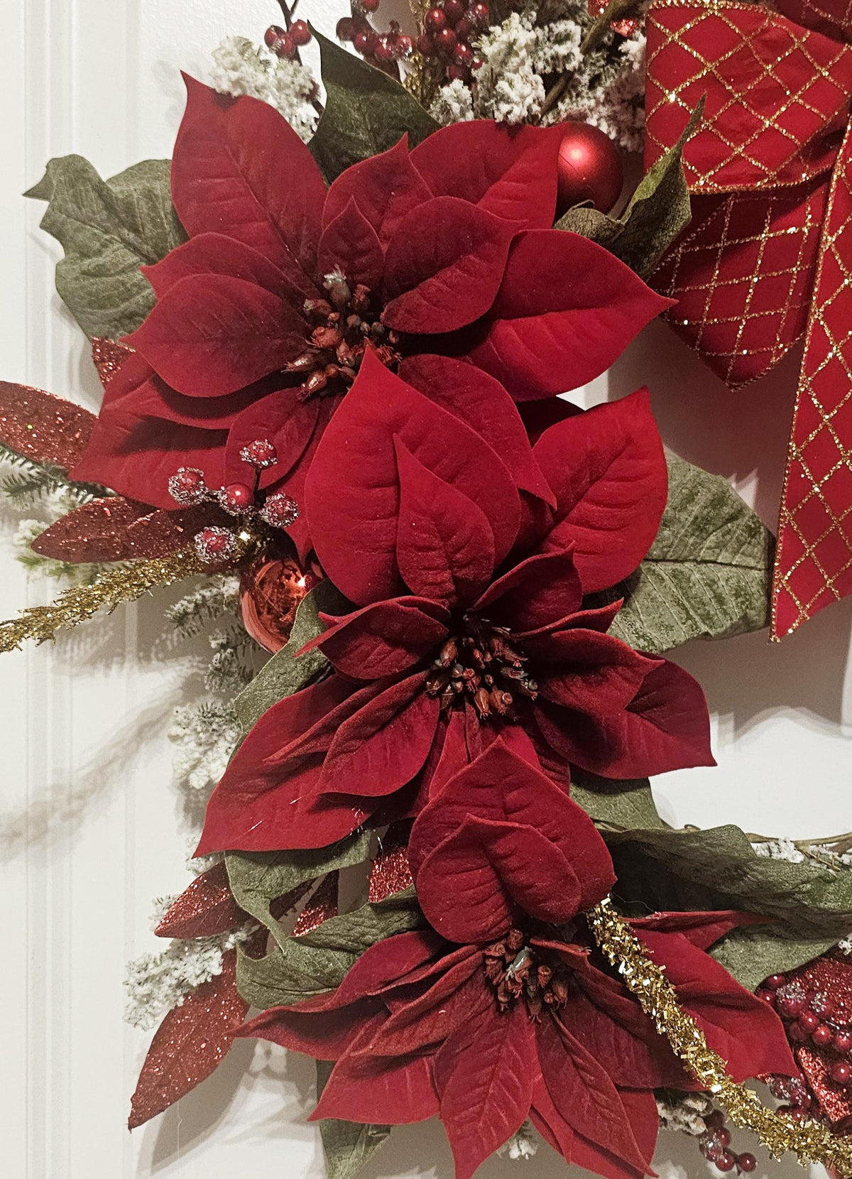 Handmade Christmas Wreath, Red Poinsettias, Gold Bow, Holiday Decor