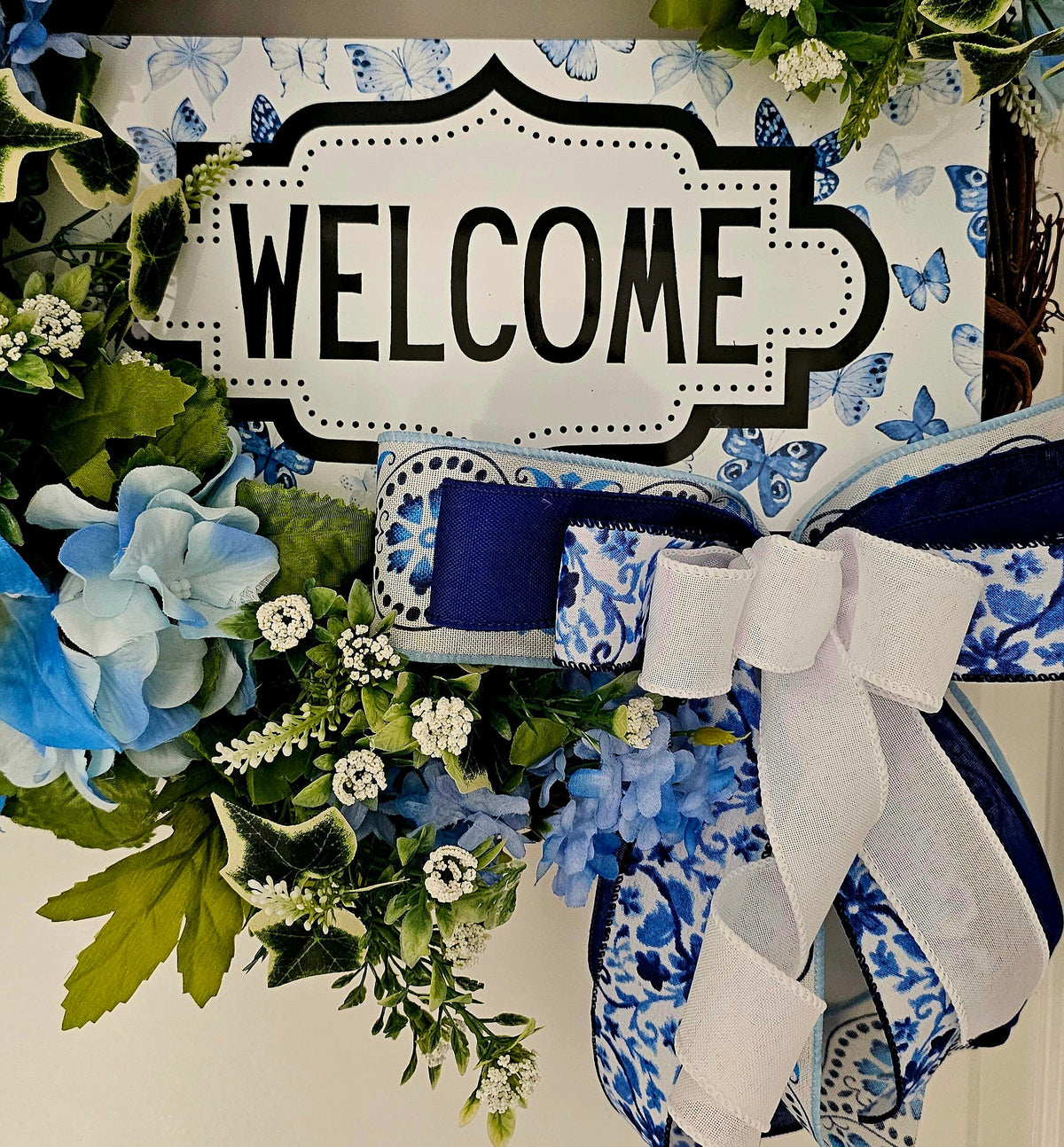 Blue Floral Welcome Wreath, Butterfly Grapevine Door Decor for Spring and Summer