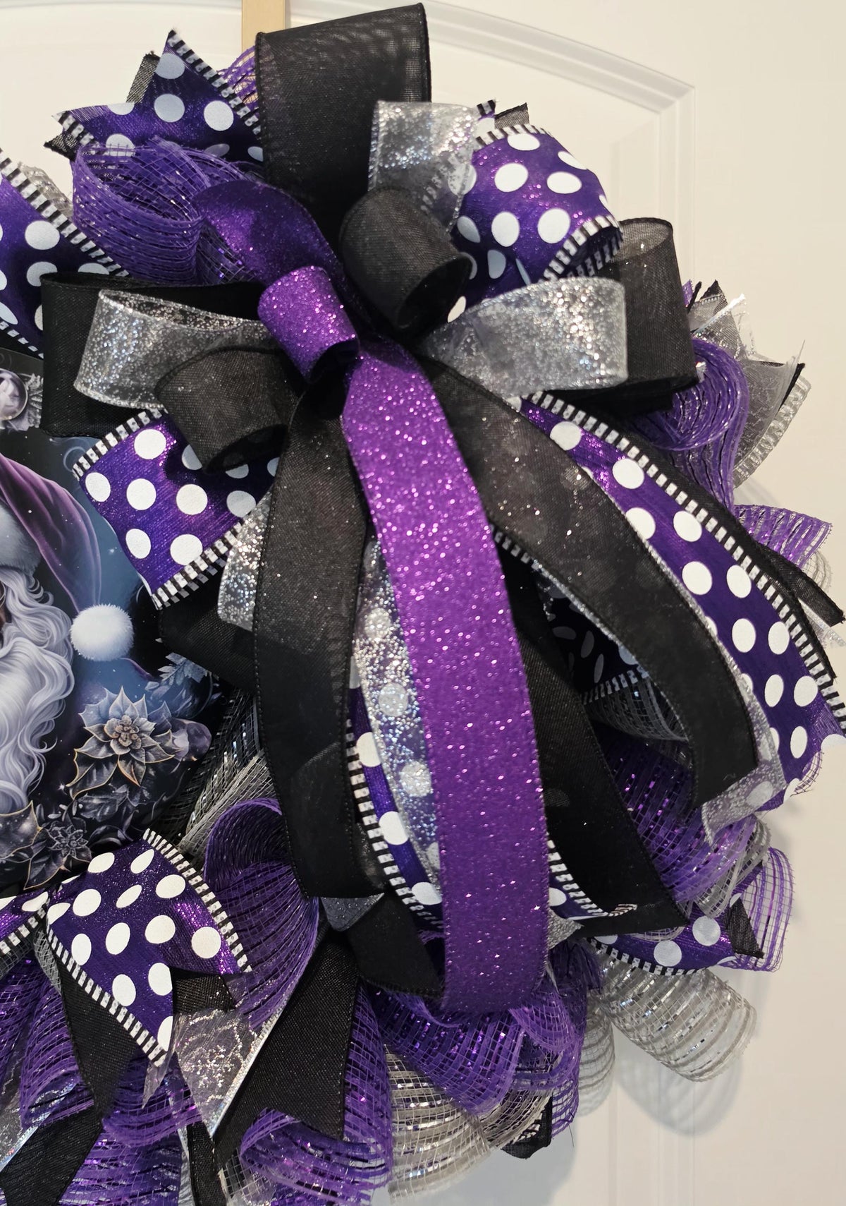 Purple Santa Christmas Wreath, Black & Purple Holiday Door Decor, Luxury Mesh Wreath, Unique Christmas Front Door Decor