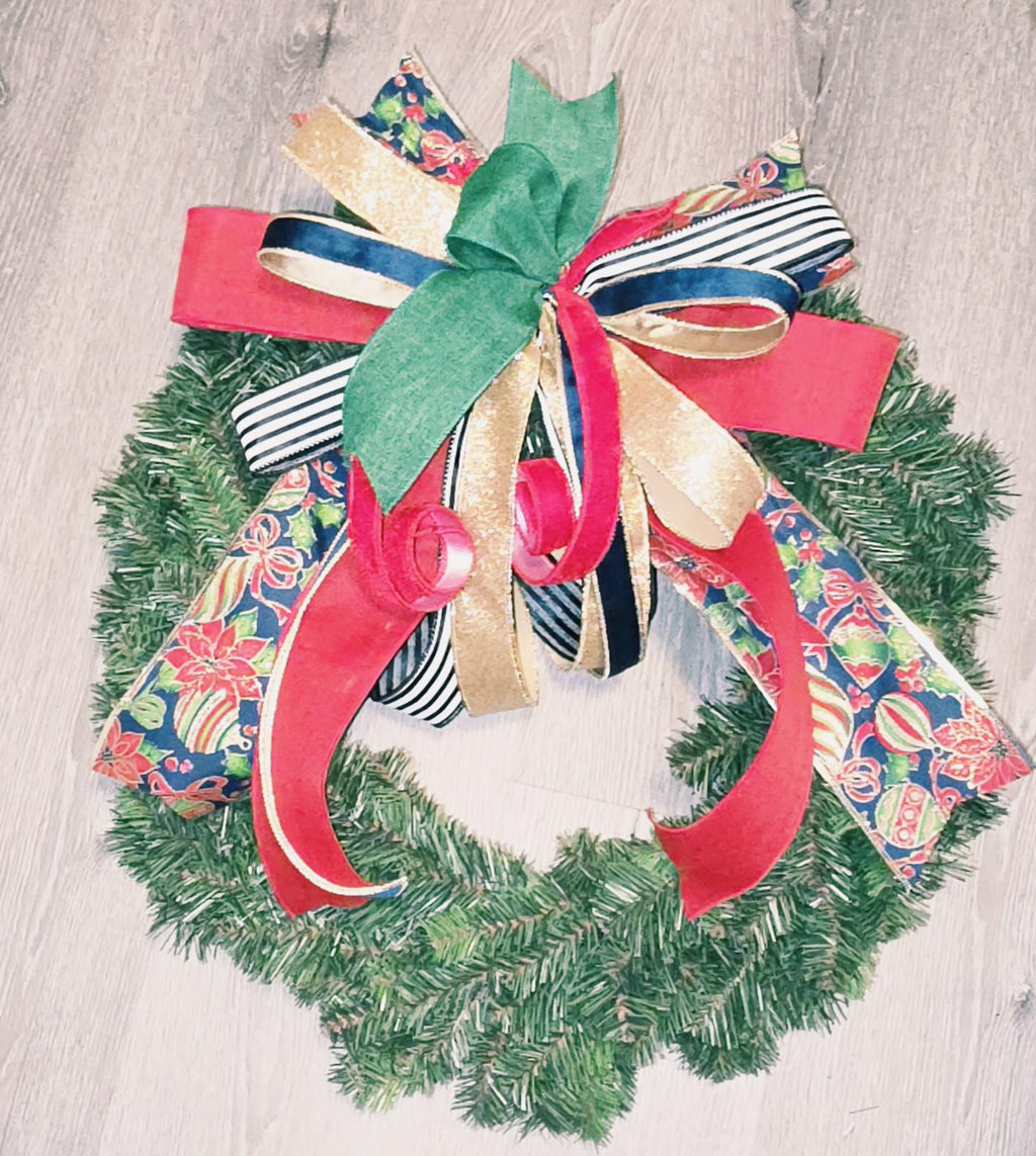 Christmas Wreath Bow, Large Holiday Bow, Christmas Tree Topper Bow, Red Green Gold Bow, Front Door Bow, Christmas Decor, Gift Bow