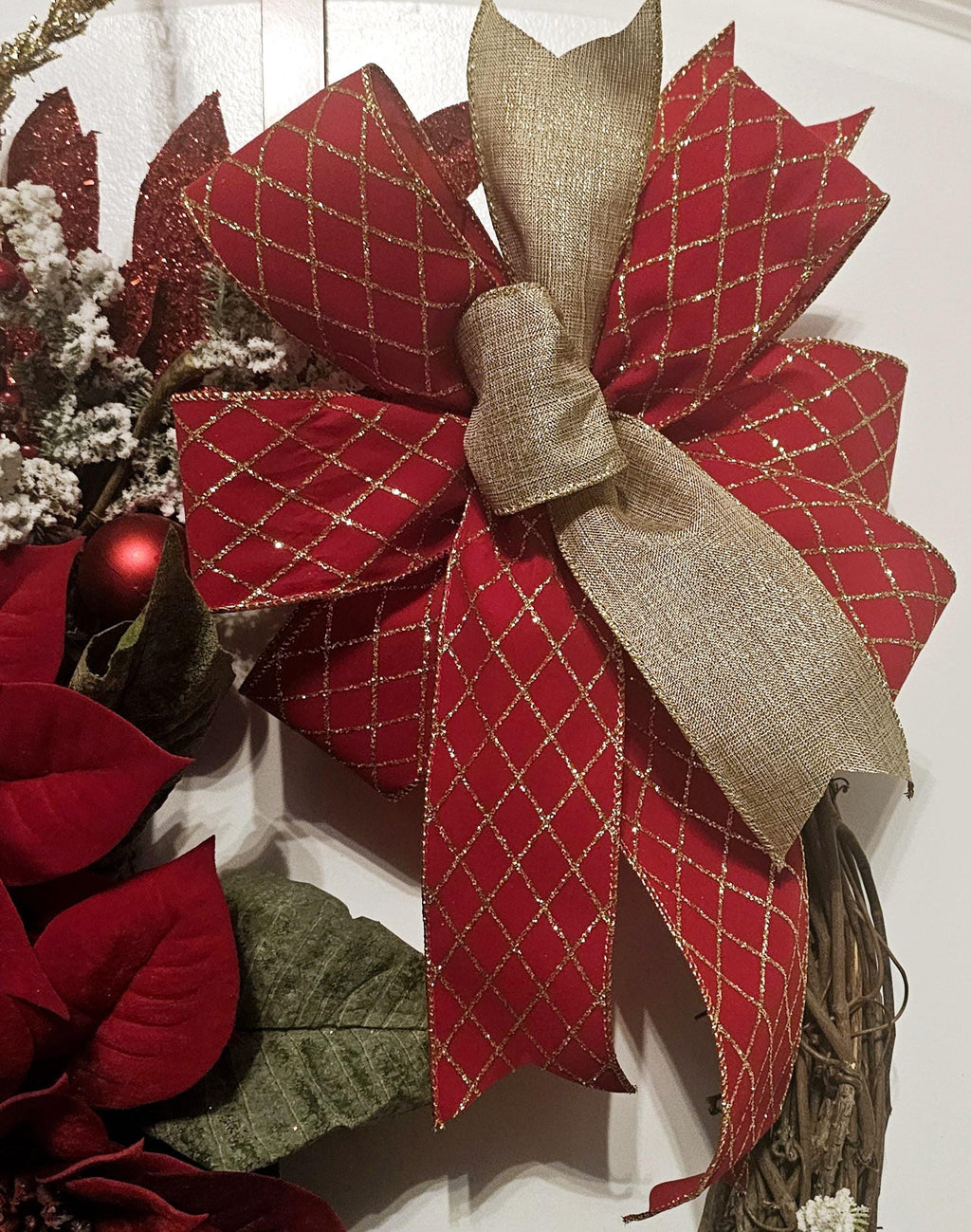 Handmade Christmas Wreath, Red Poinsettias, Gold Bow, Holiday Decor