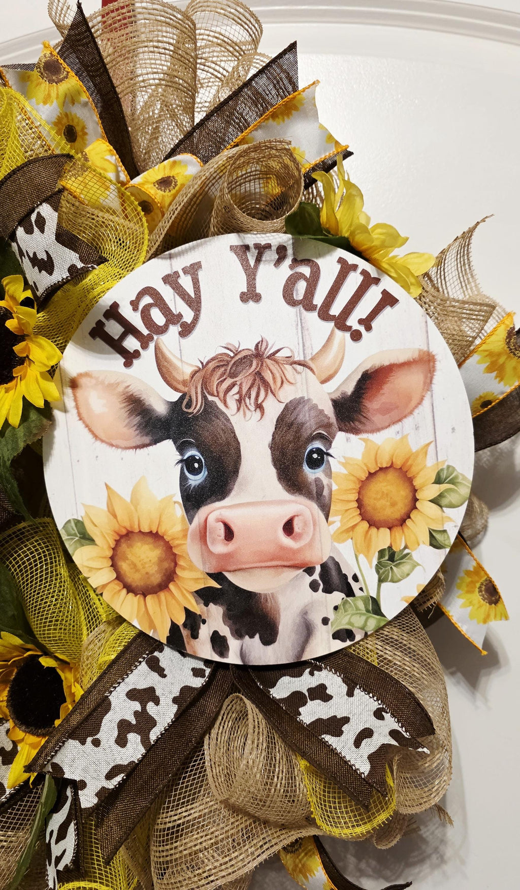 Highland Cow Sunflower Wreath, Hay Y'all Farmhouse Door Decor