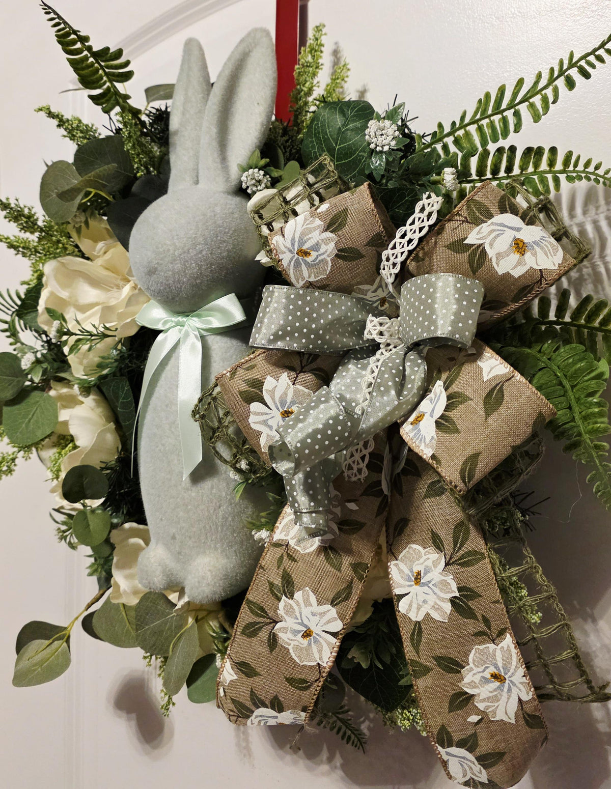 Neutral Easter Bunny Wreath, Farmhouse Spring Floral Door Decor