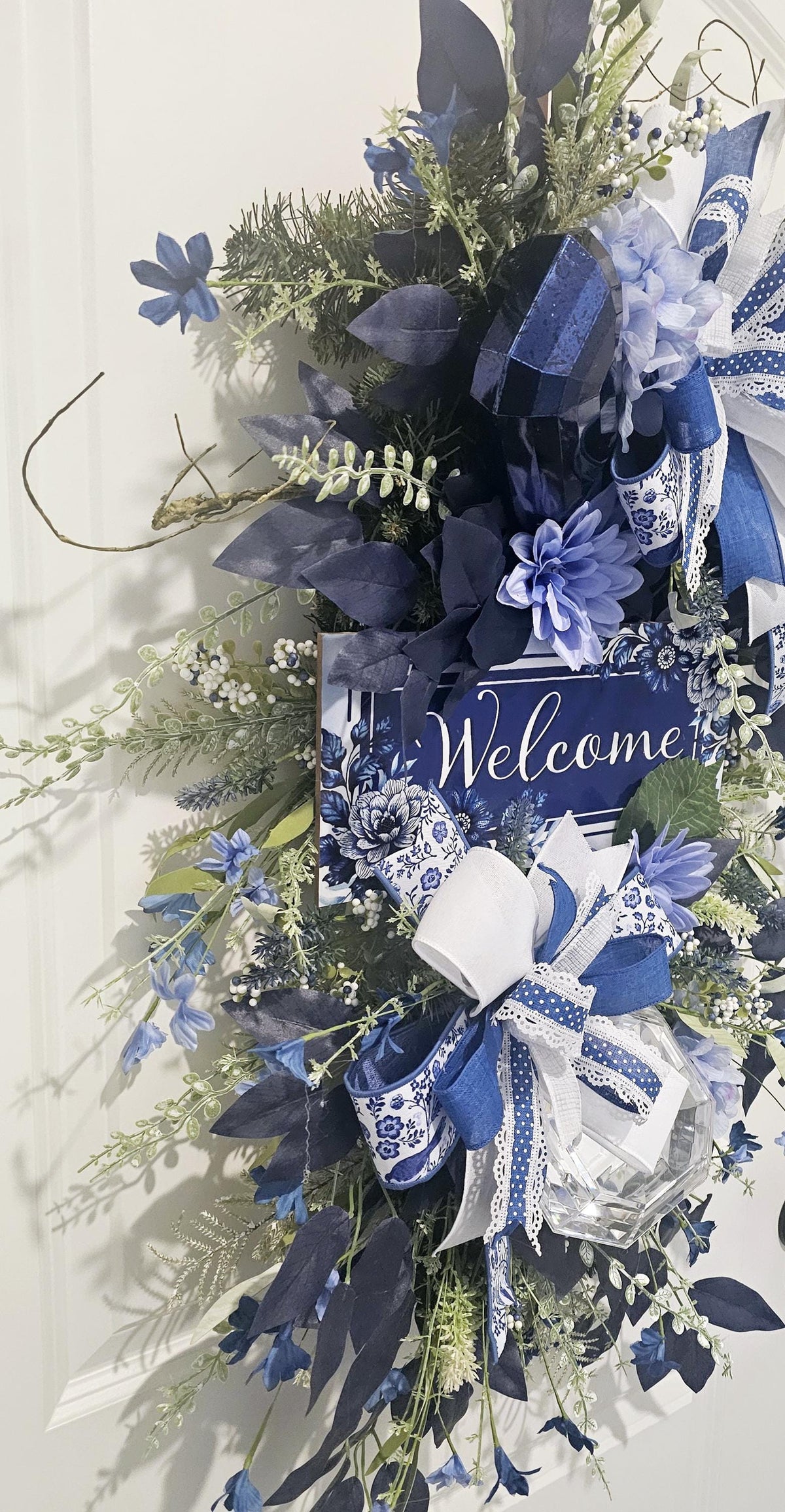 Blue Hydrangea Welcome Swag, Chinoiserie Door Decor, Handmade Floral Wreath