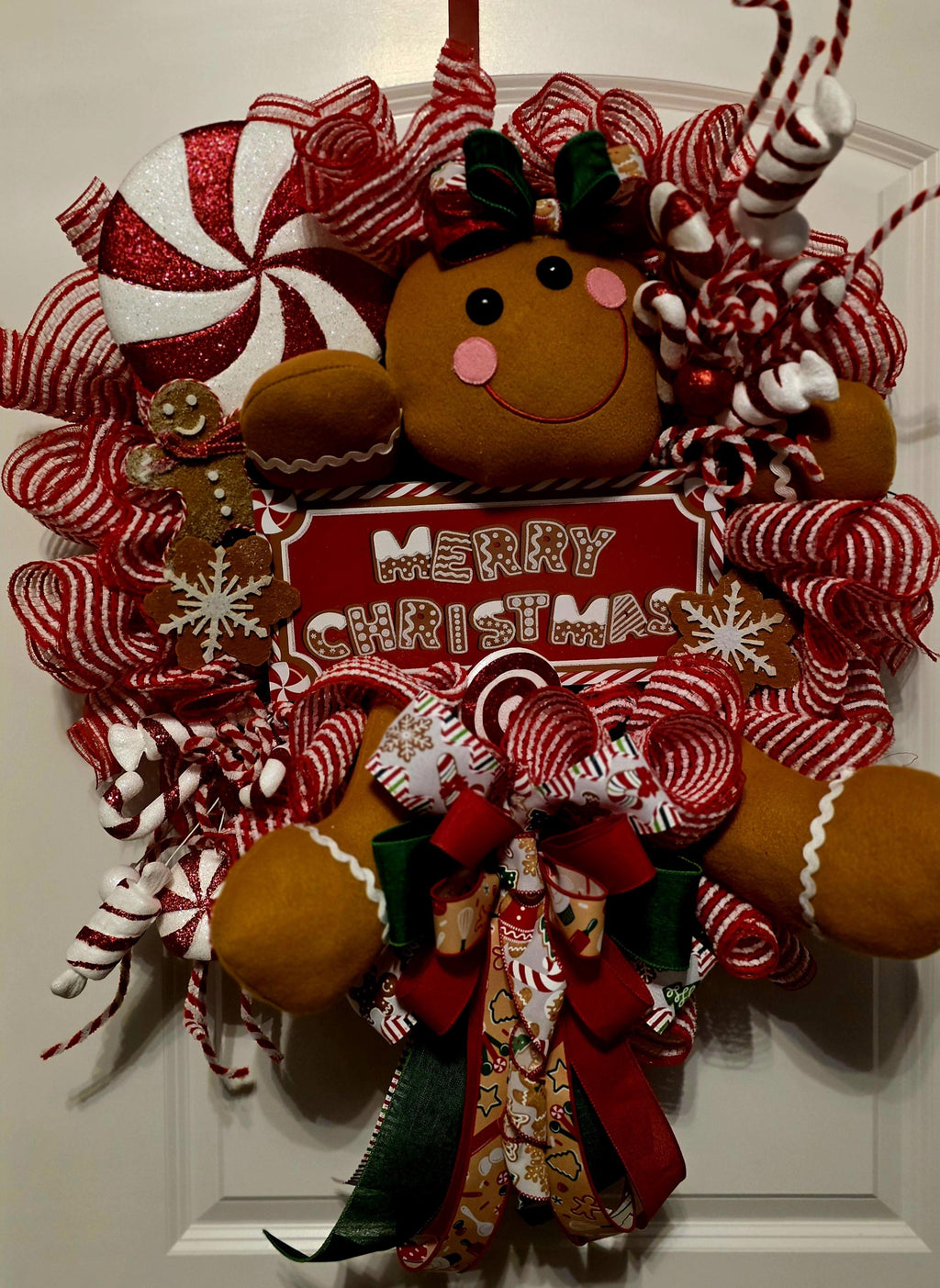 Gingerbread Christmas Wreath, Candy Cane Holiday Door Decor