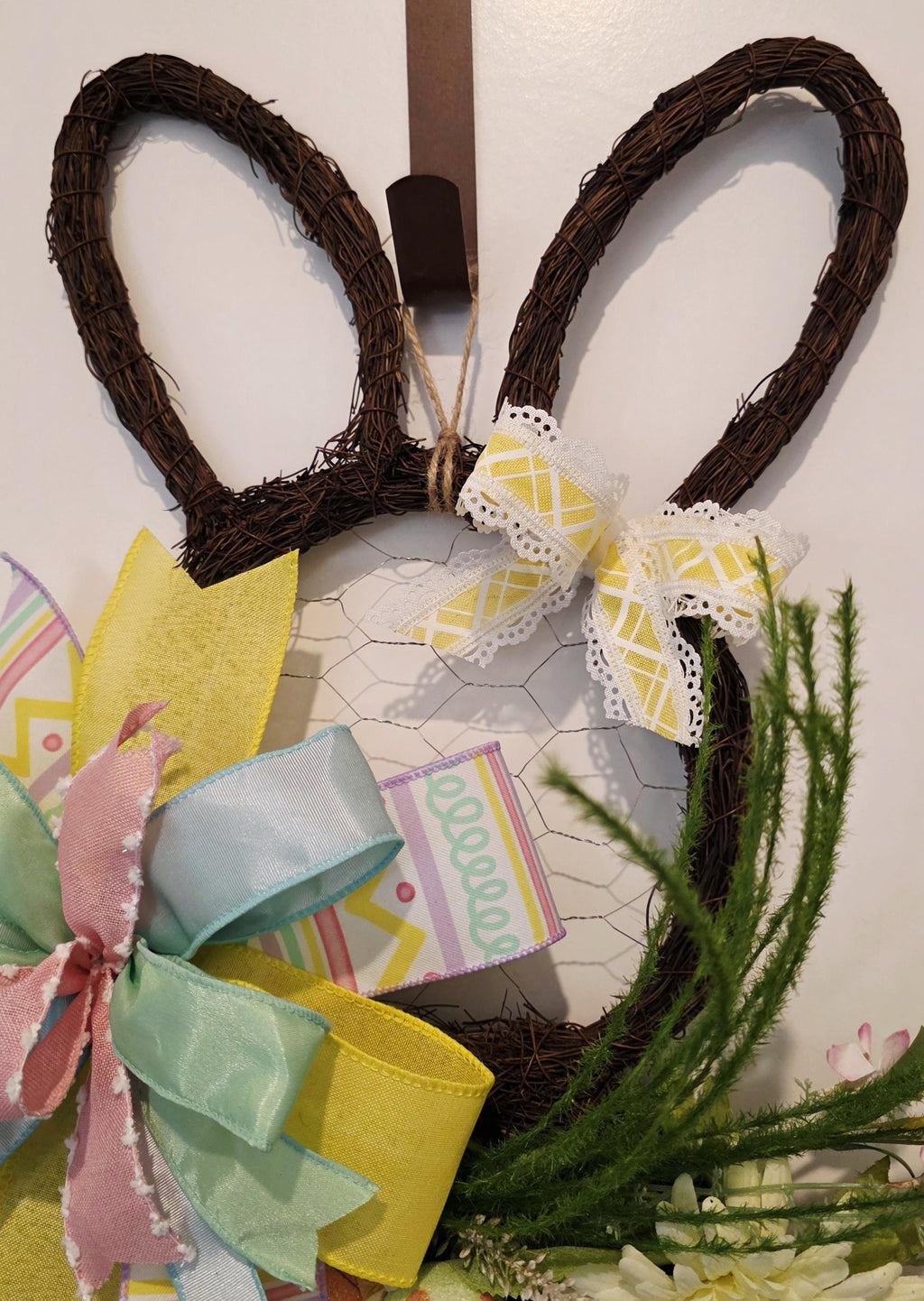 Handmade Grapevine Easter Bunny Wreath, Pastel Eggs, Spring Florals, Farmhouse Door Decor
