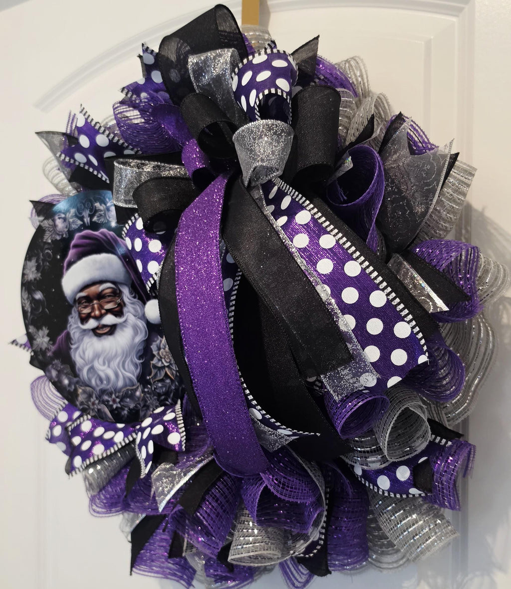 Purple Santa Christmas Wreath, Black & Purple Holiday Door Decor, Luxury Mesh Wreath, Unique Christmas Front Door Decor