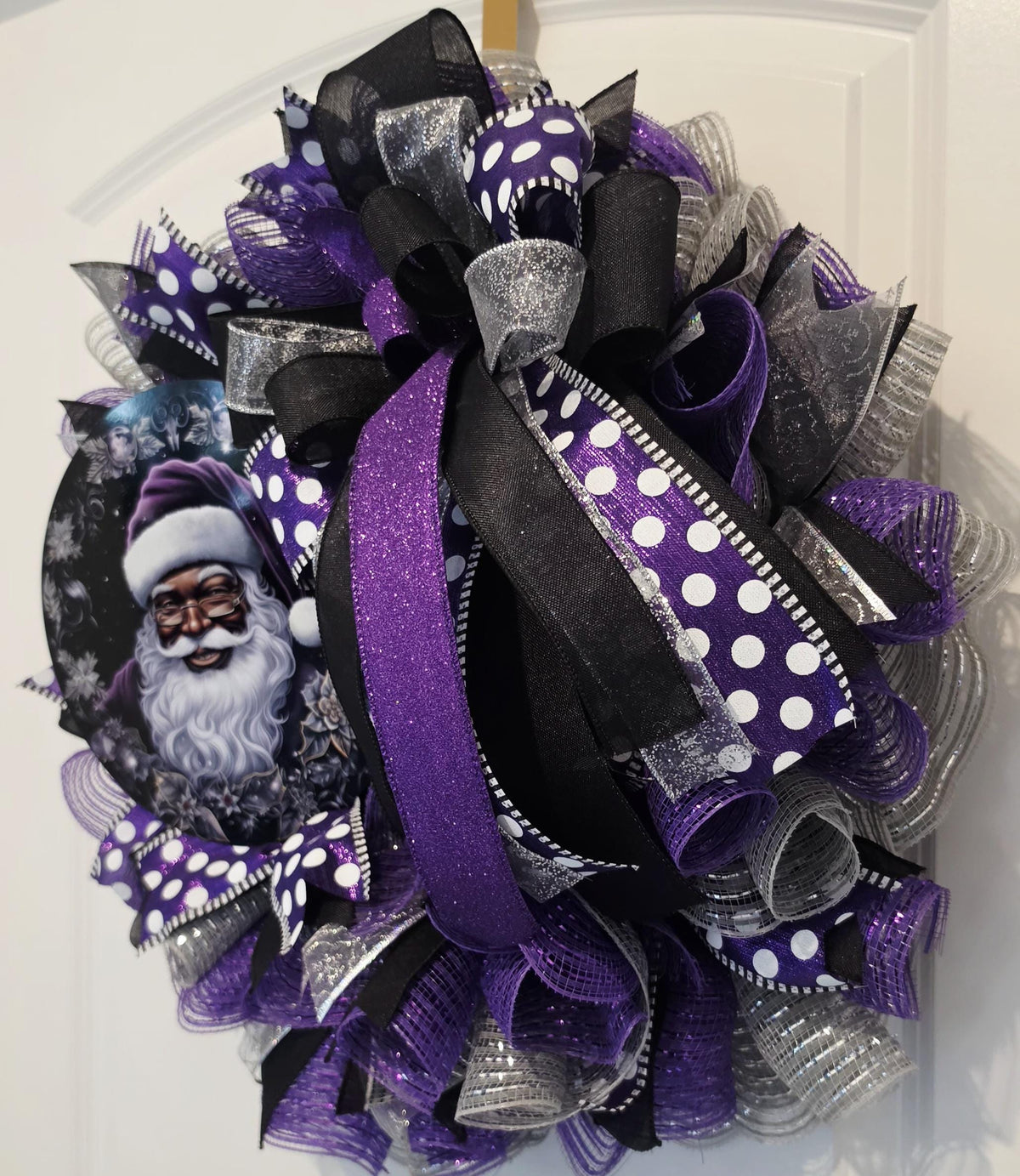 Purple Santa Christmas Wreath, Black & Purple Holiday Door Decor, Luxury Mesh Wreath, Unique Christmas Front Door Decor