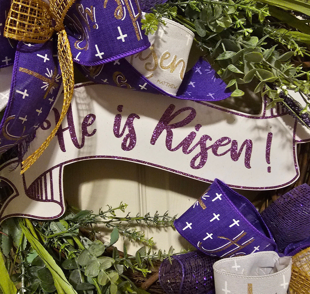He Is Risen Grapevine Easter Wreath, Purple and White Decor (23x23 inches)
