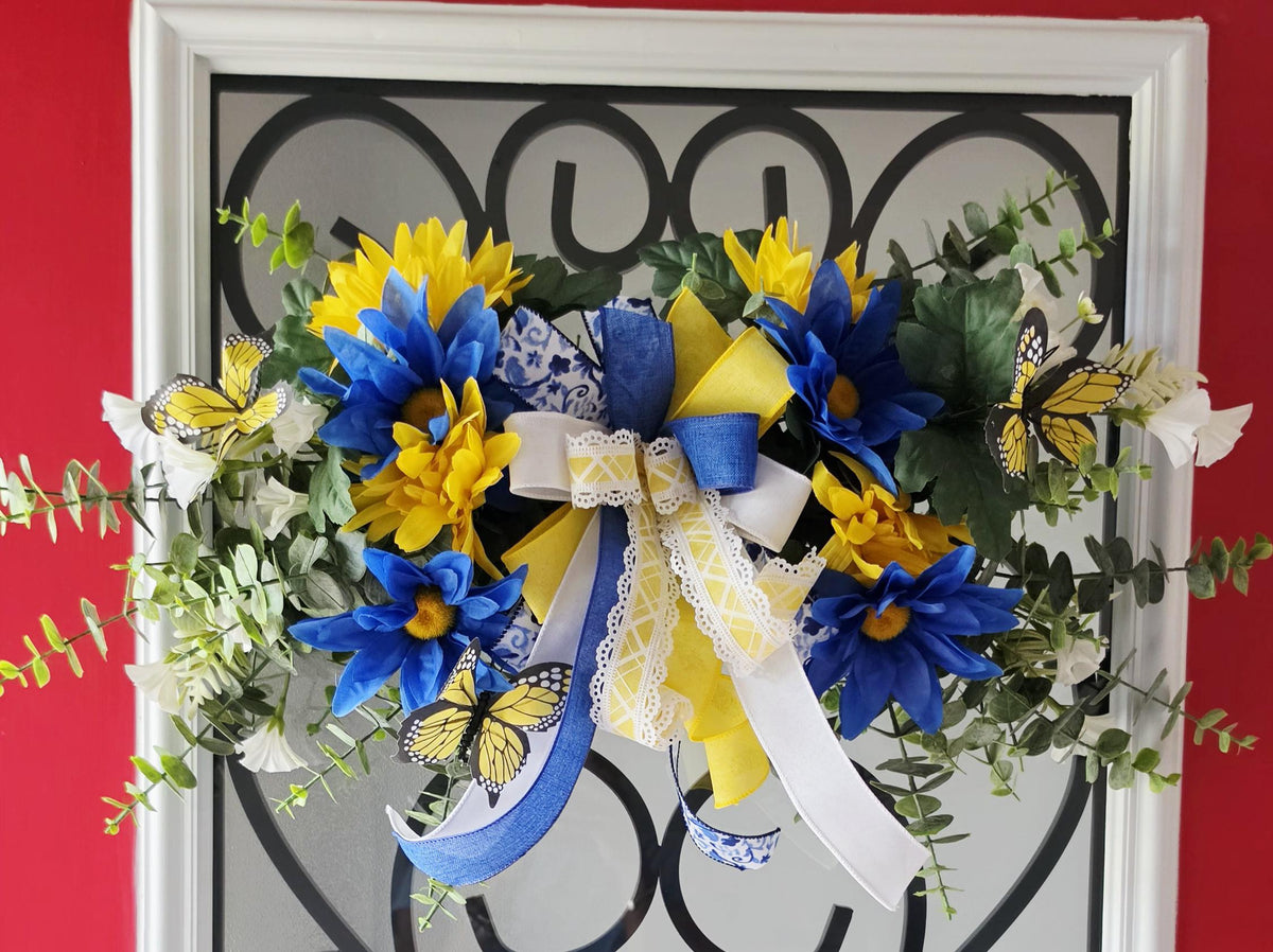 Blue Yellow Floral Swag Wreath, Butterfly Sunflower Door Decor