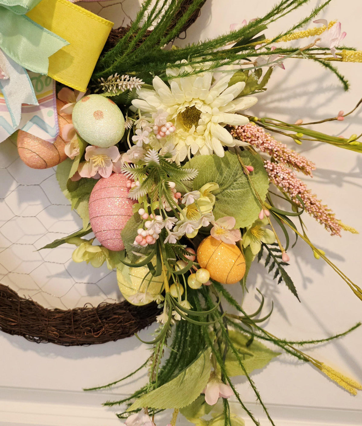 Handmade Grapevine Easter Bunny Wreath, Pastel Eggs, Spring Florals, Farmhouse Door Decor