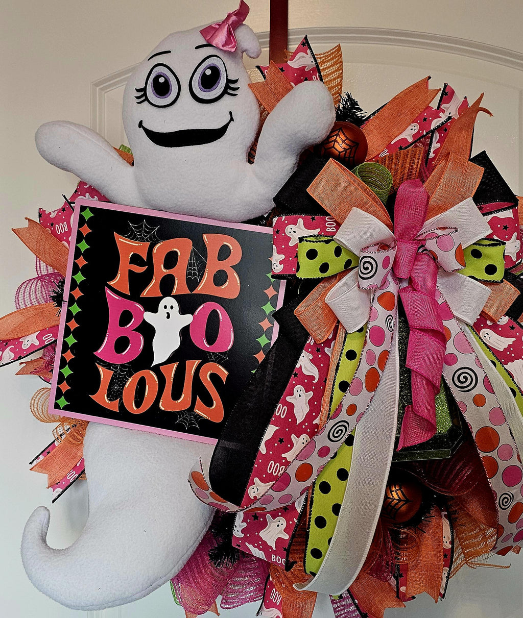 Halloween Wreath | Ghost Plush, Pink & Orange Door Decor