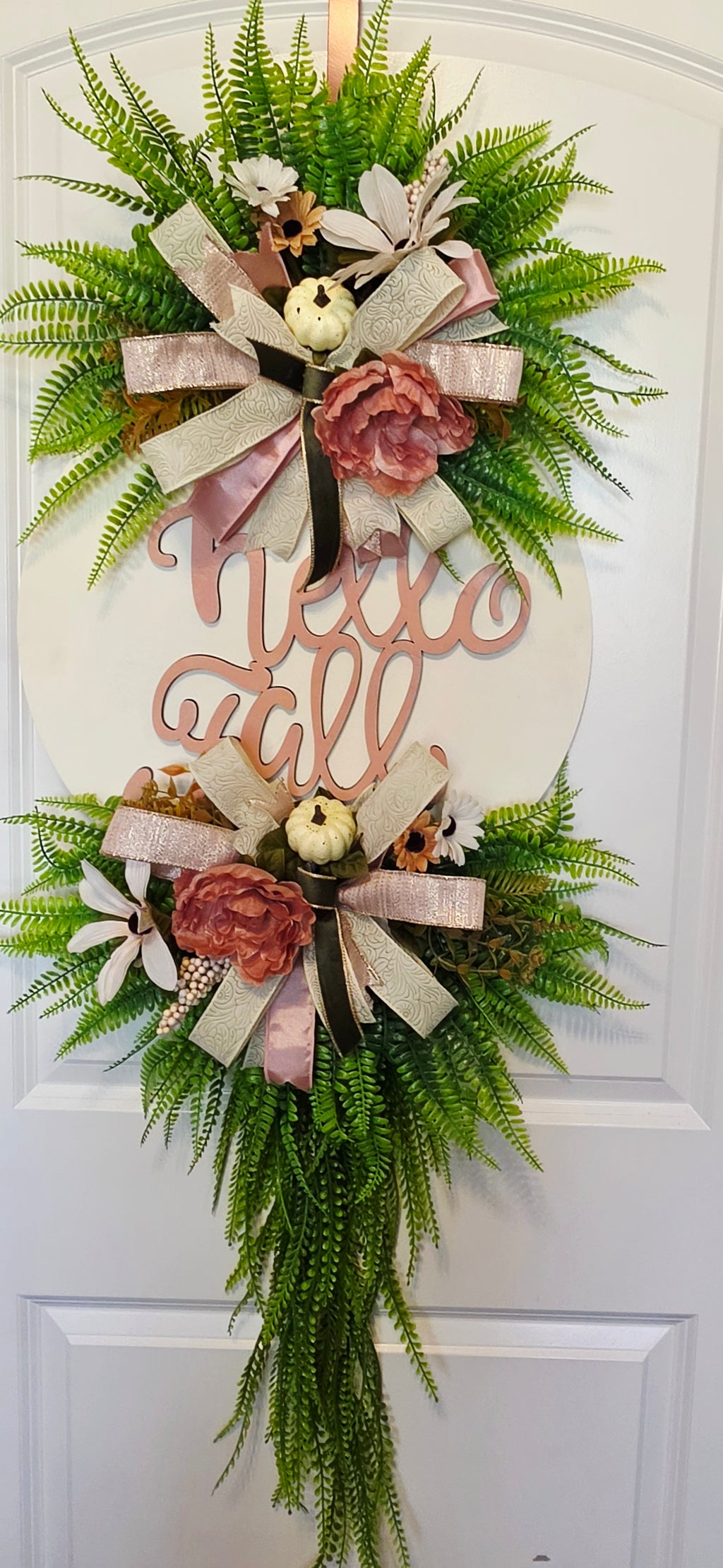 Handmade Blush Pink Fall Door Hanger, Fern Greenery, Hello Fall Wreath