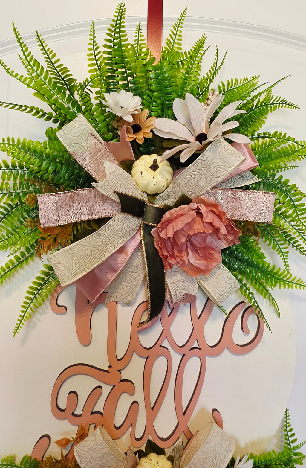 Handmade Blush Pink Fall Door Hanger, Fern Greenery, Hello Fall Wreath
