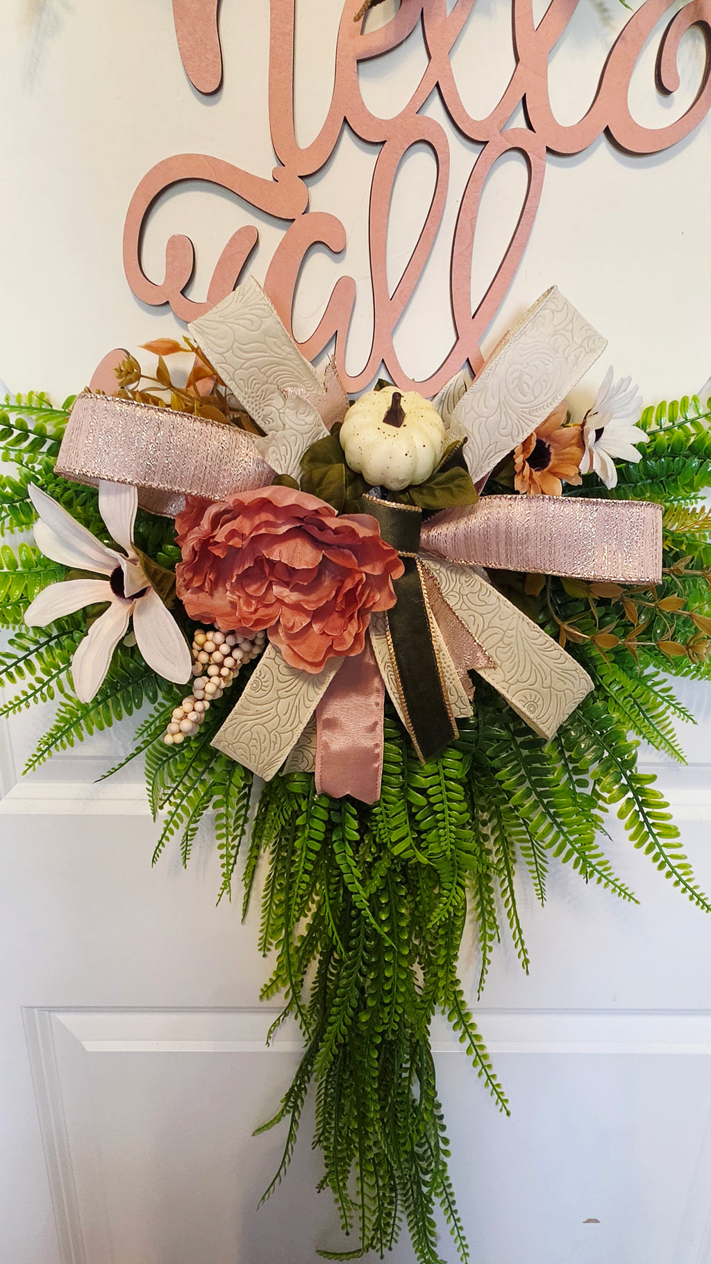 Handmade Blush Pink Fall Door Hanger, Fern Greenery, Hello Fall Wreath