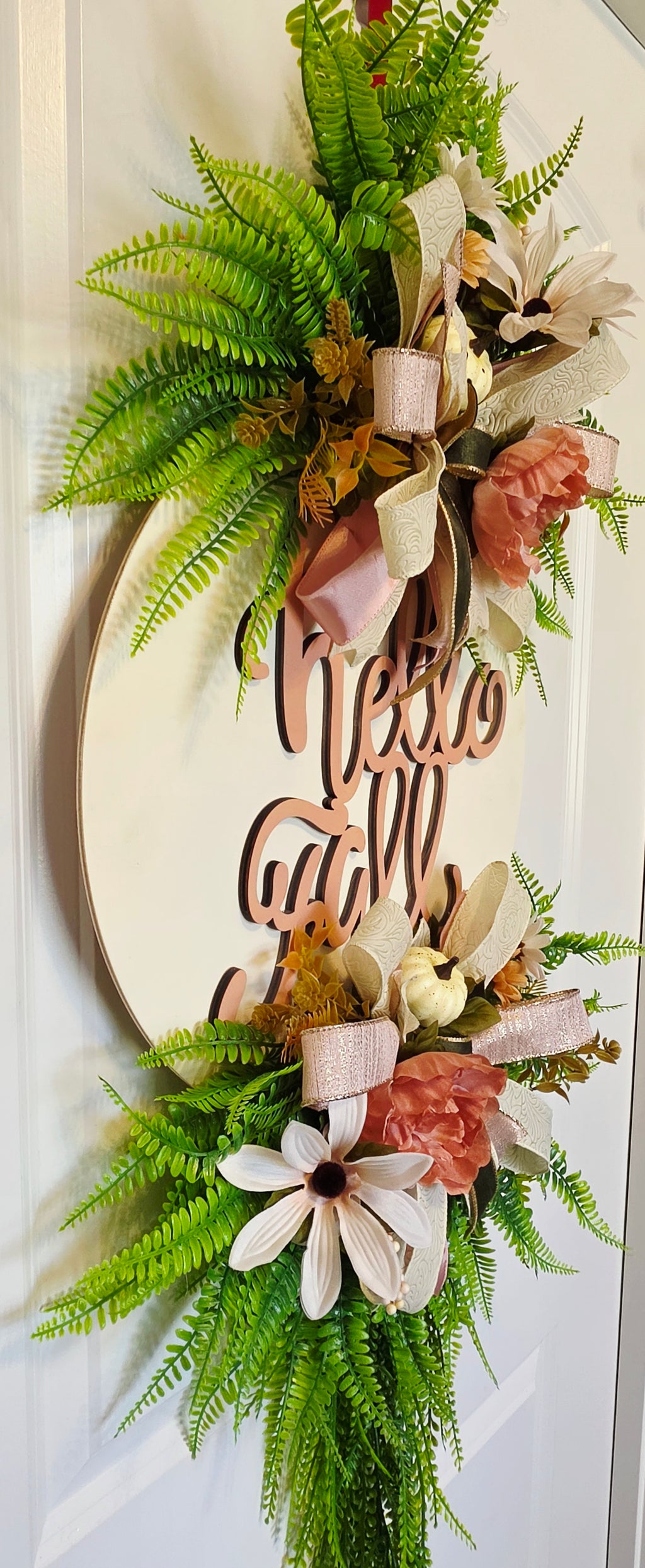 Handmade Blush Pink Fall Door Hanger, Fern Greenery, Hello Fall Wreath