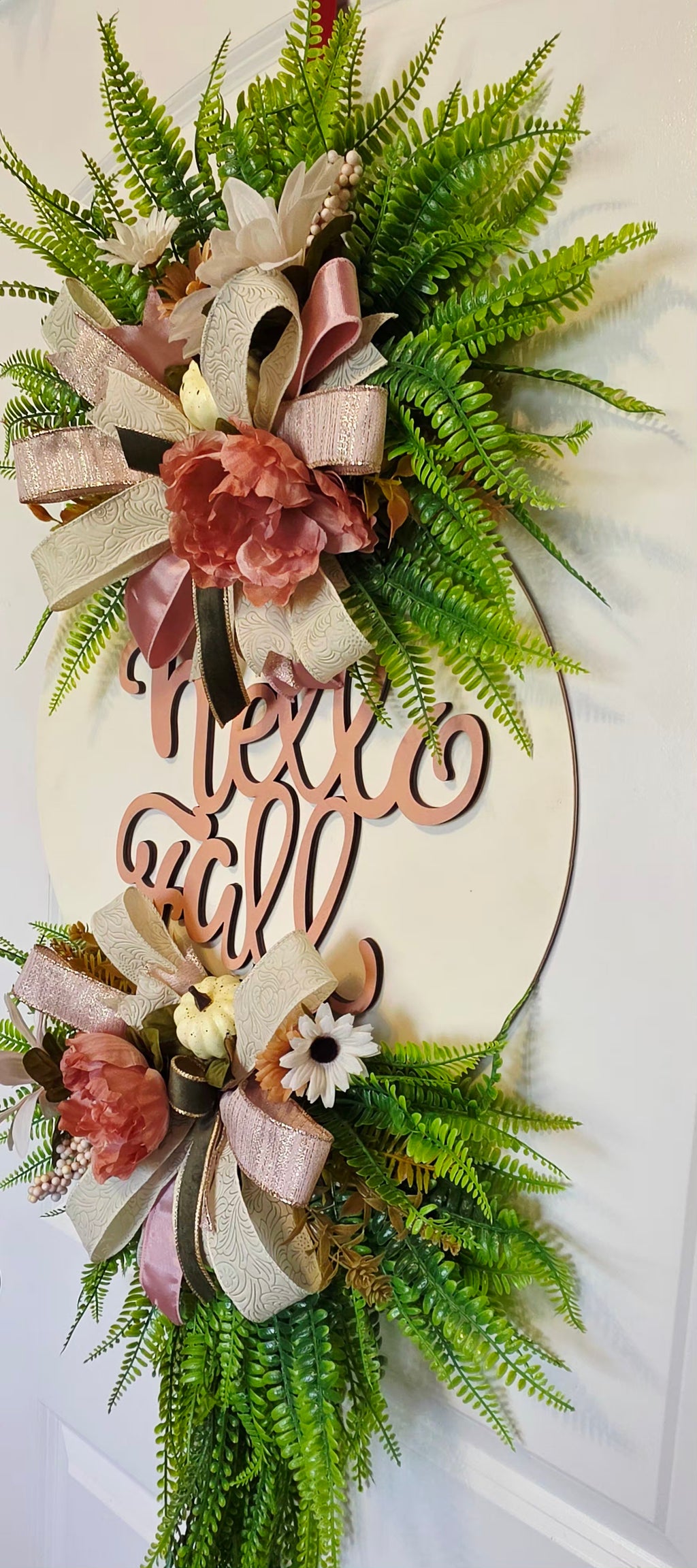 Handmade Blush Pink Fall Door Hanger, Fern Greenery, Hello Fall Wreath