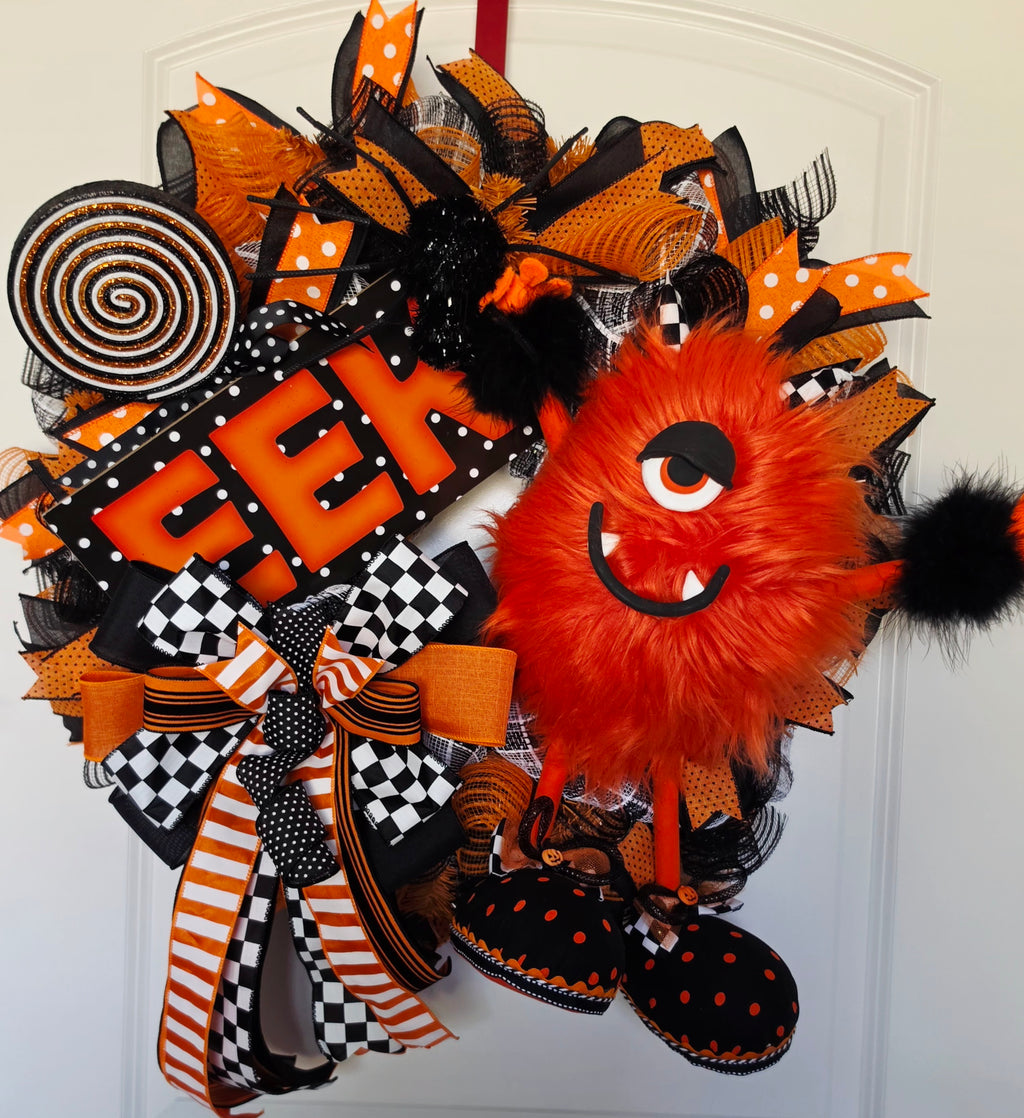Halloween Wreath, Halloween Front Door Wreath, Orange Black Wreath, Monster Wreath, Eek Wreath, Whimsical Halloween Decor, Door Wreath