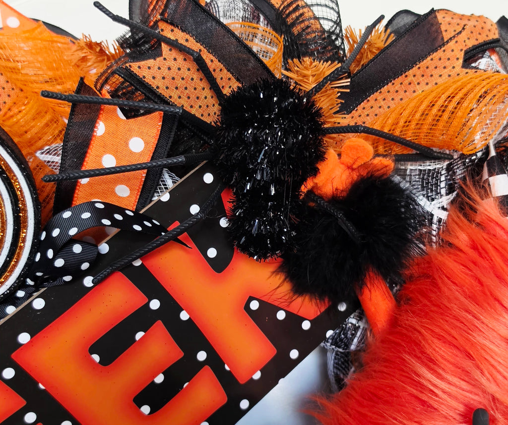 Halloween Wreath, Halloween Front Door Wreath, Orange Black Wreath, Monster Wreath, Eek Wreath, Whimsical Halloween Decor, Door Wreath