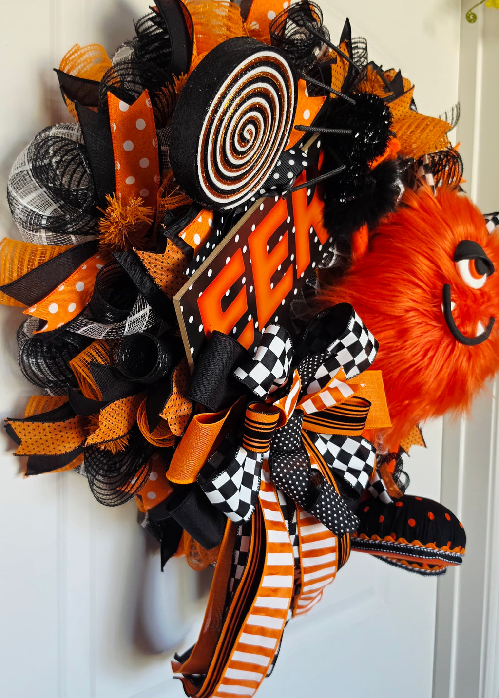 Halloween Wreath, Halloween Front Door Wreath, Orange Black Wreath, Monster Wreath, Eek Wreath, Whimsical Halloween Decor, Door Wreath