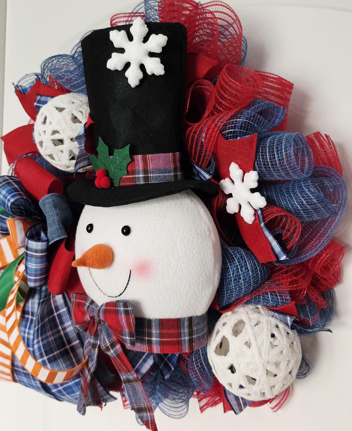 Snowman Christmas Wreath, Winter Front Door Wreath, Plush Snowman Holiday Decor, Christmas Mesh Wreath, Farmhouse Christmas Door Decor