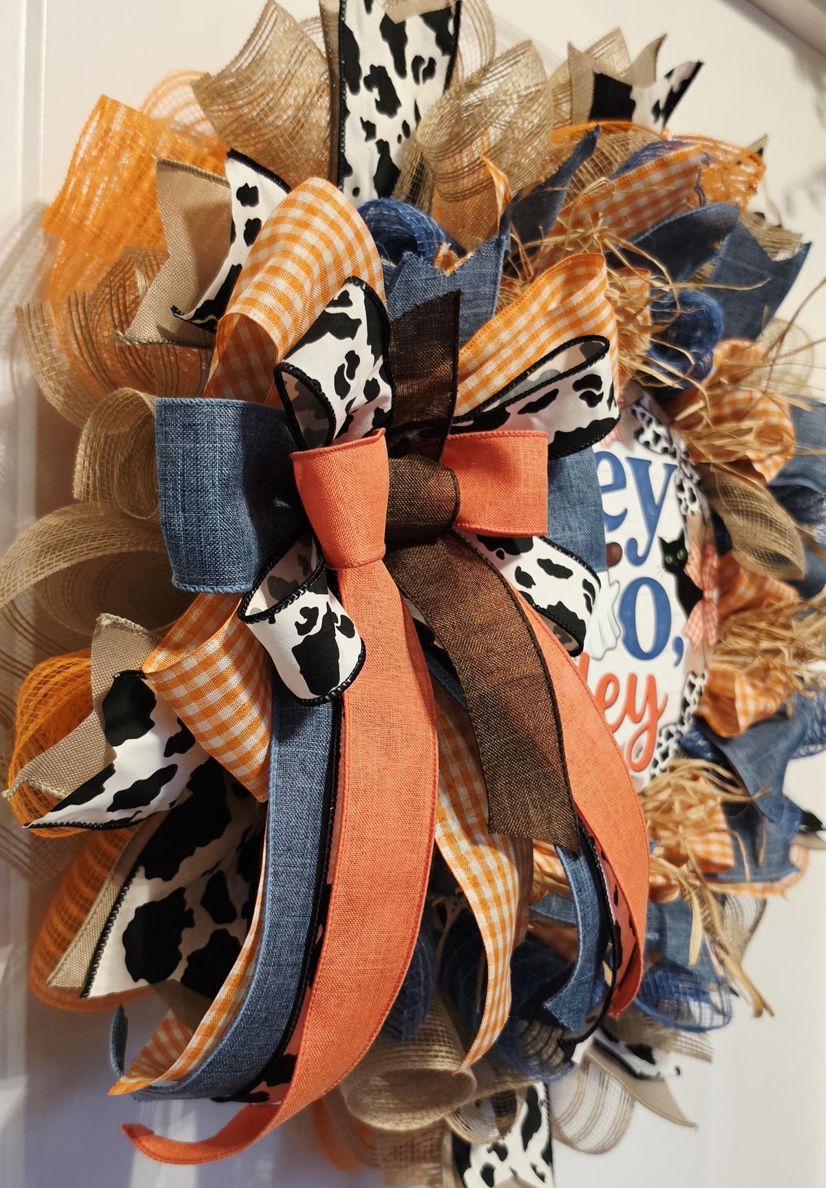 Western Halloween Wreath, Cowboy Ghost Cow Print Door Decor