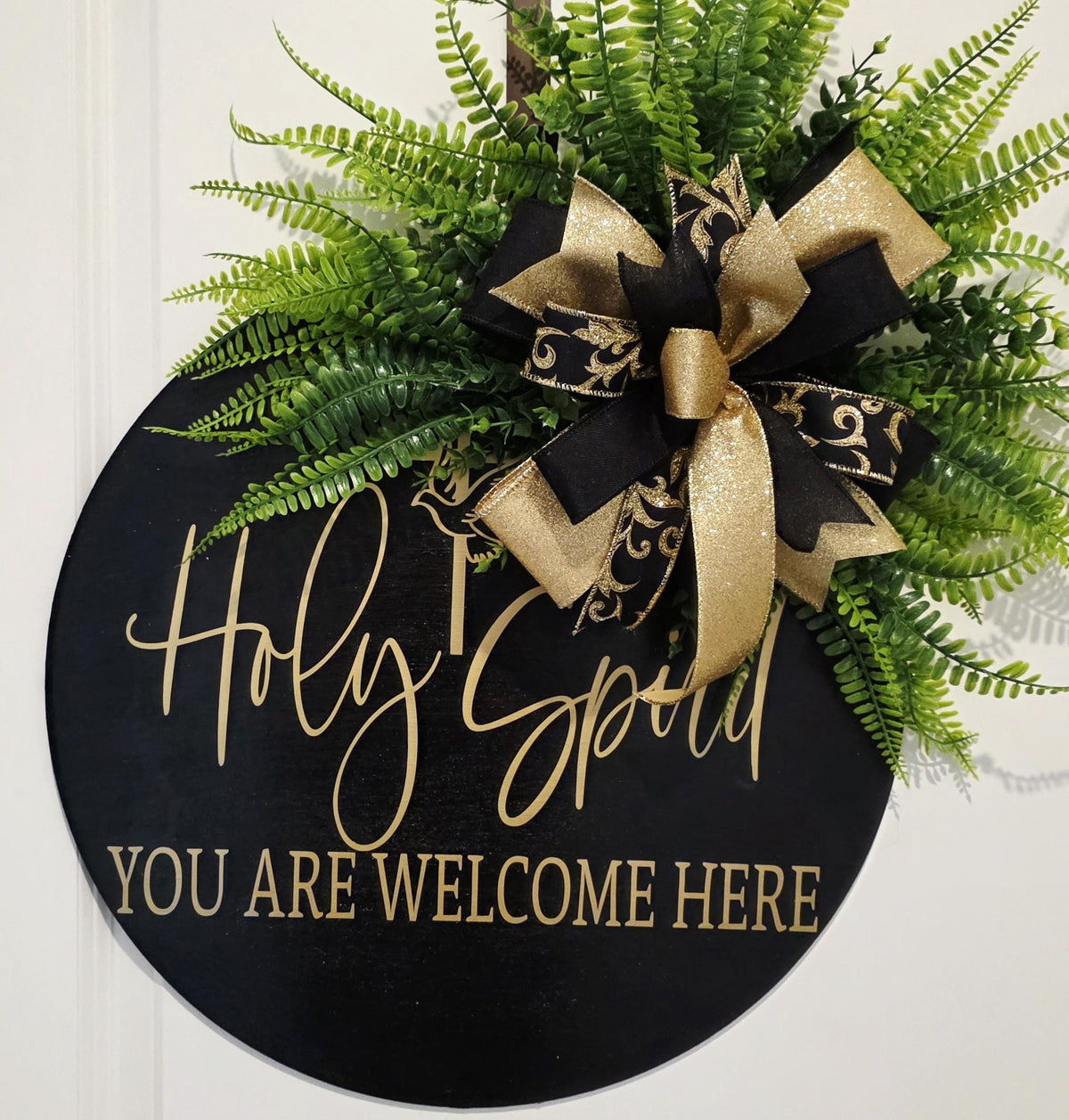 Holy Spirit Welcome Door Hanger, Black Gold Farmhouse Christian Decor