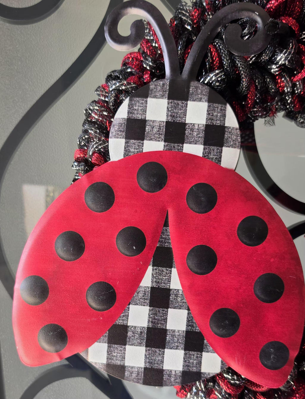 Handcrafted Ladybug Wreath: Red Black Buffalo Check Door Decor Summer Spring