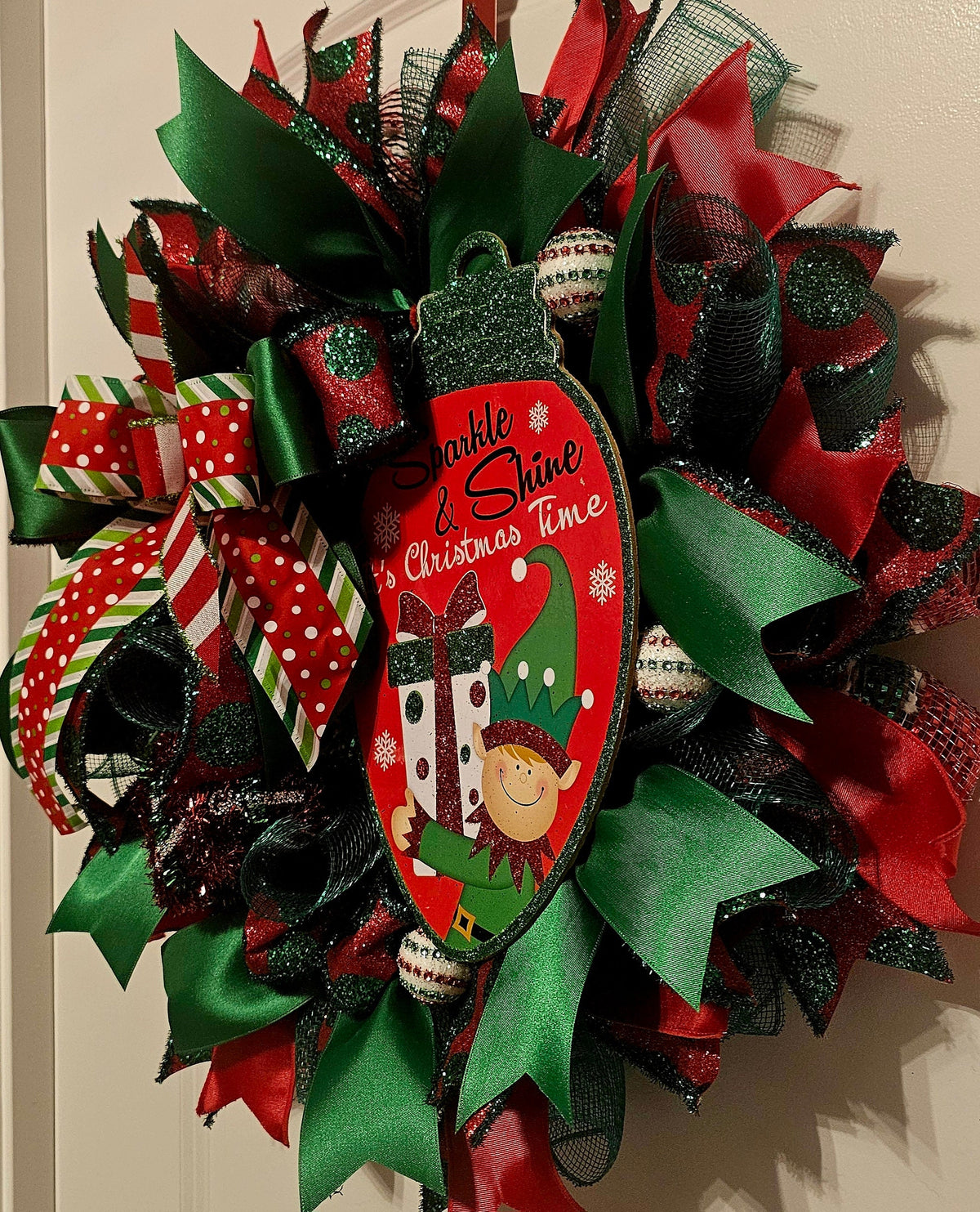 Elf Christmas Wreath – Red, Green Holiday Decor with Festive Bow