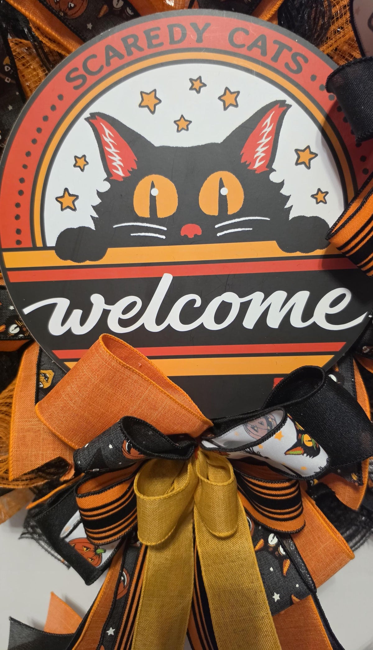 Black Cat Halloween Wreath, Scaredy Cats Welcome Door Decor