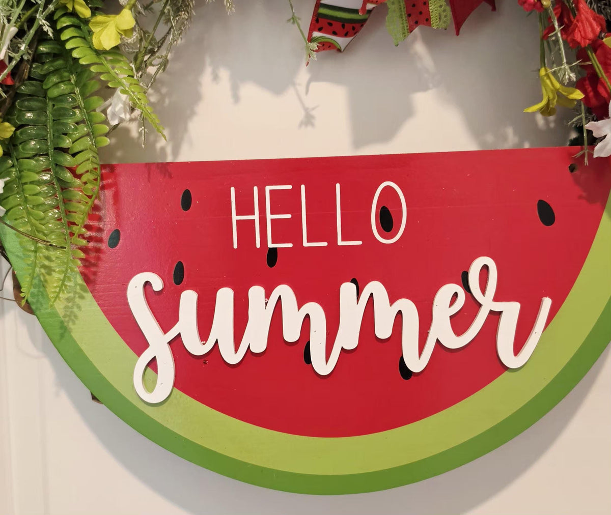 Watermelon Summer Wreath, Hello Summer Grapevine Door Hanger, Red Green Floral Decor
