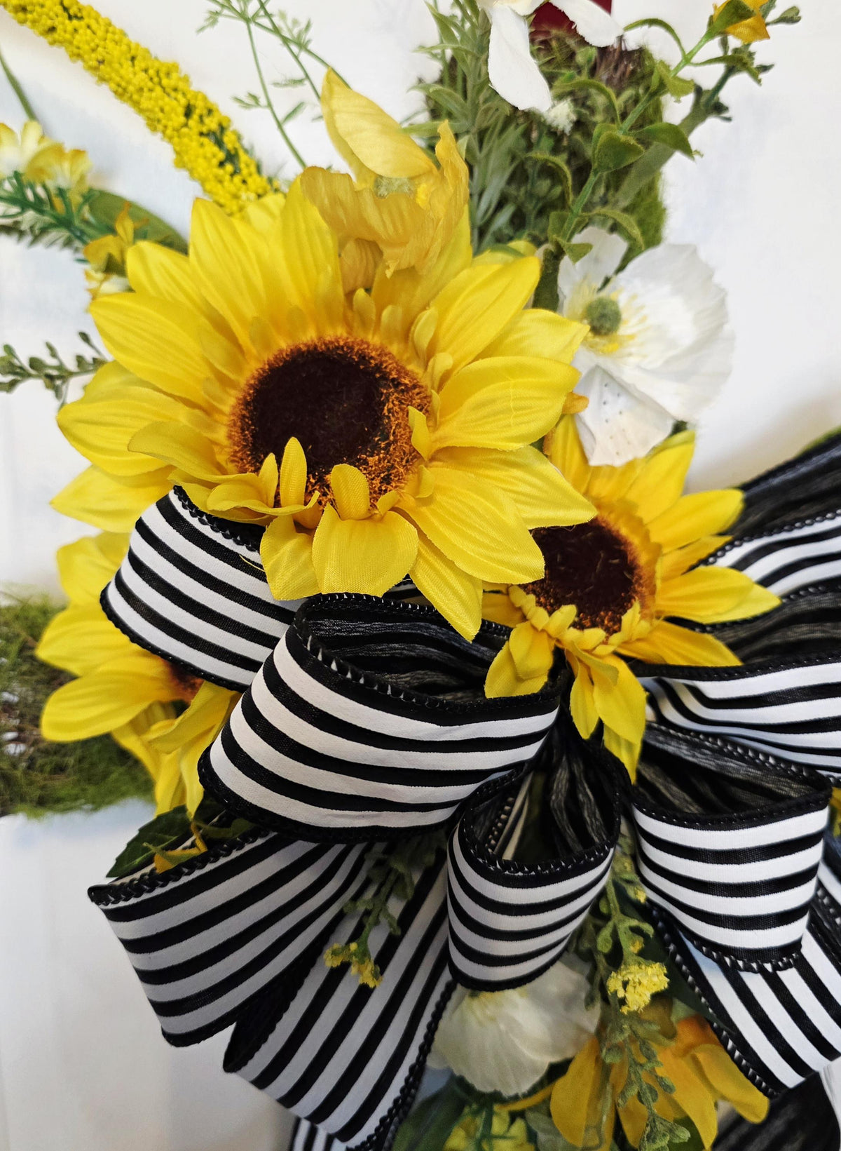 Sunflower Cross Door Hanger | Moss Base, Striped Bow