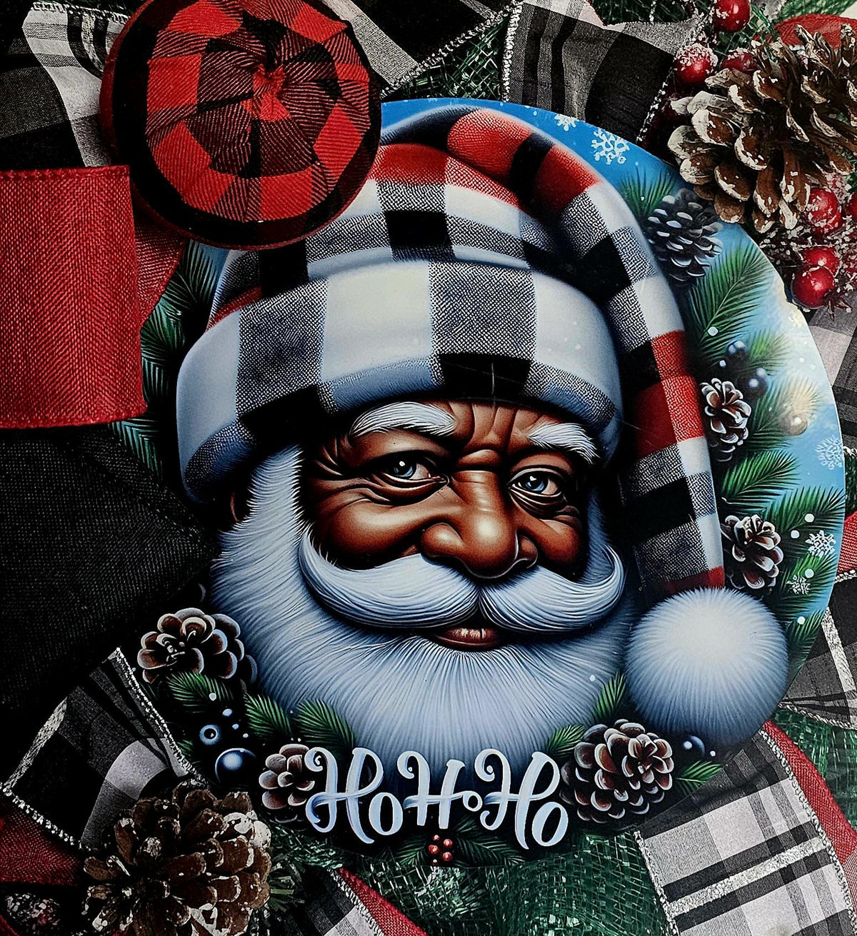 Black Santa Christmas Wreath: Buffalo Plaid Holiday Decor