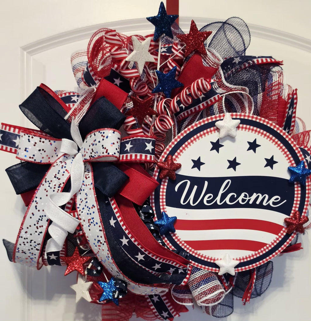 Patriotic Welcome Wreath: Red, White, Blue Americana Door Hanger