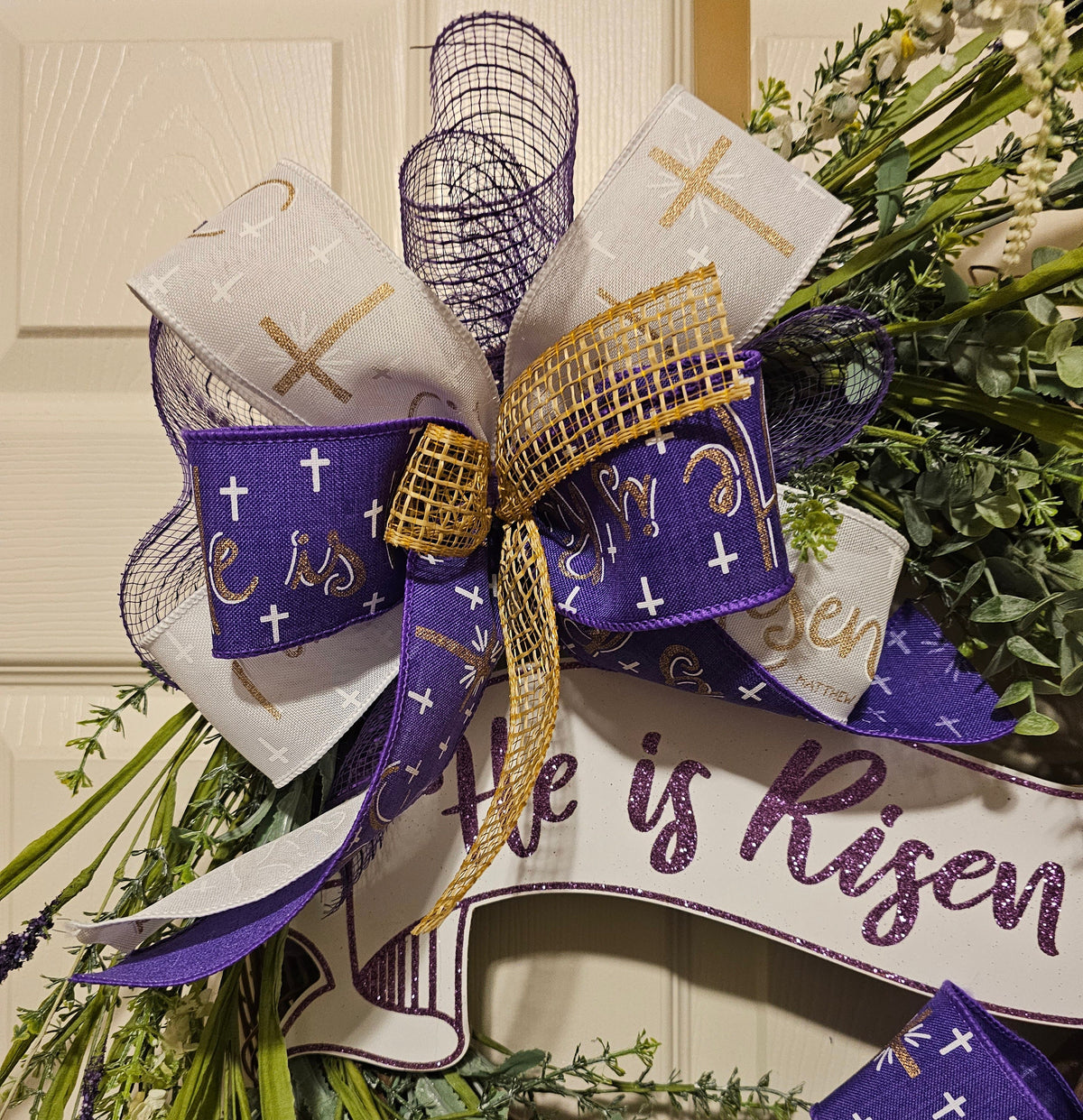 He Is Risen Grapevine Easter Wreath, Purple and White Decor (23x23 inches)