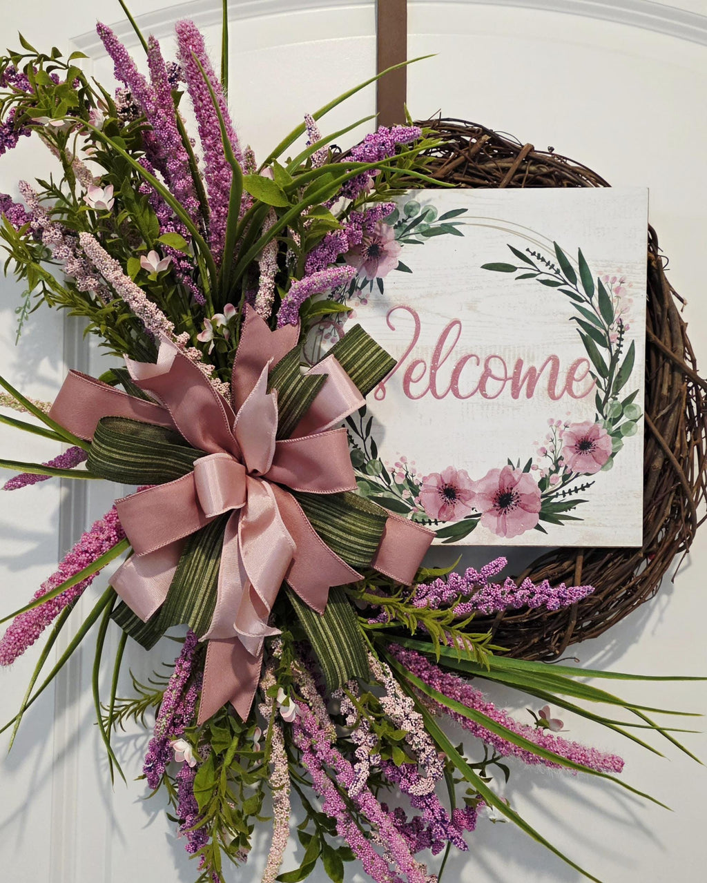Handcrafted Pink Floral Grapevine Wreath, Rustic Farmhouse Spring Door Decor