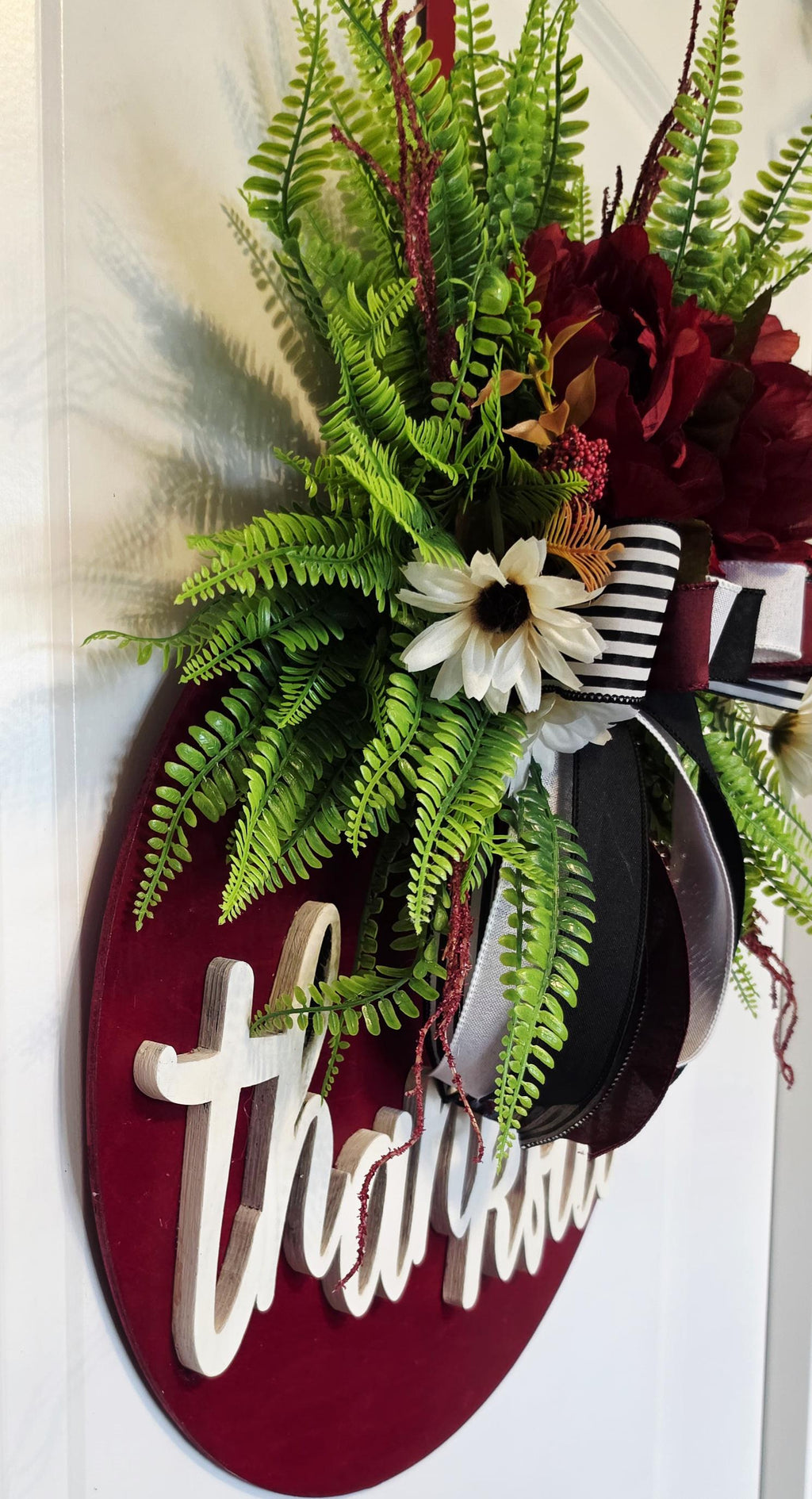 Handcrafted Burgundy Peony Fall Door Hanger, Farmhouse Autumn Wreath, Thanksgiving Porch Sign