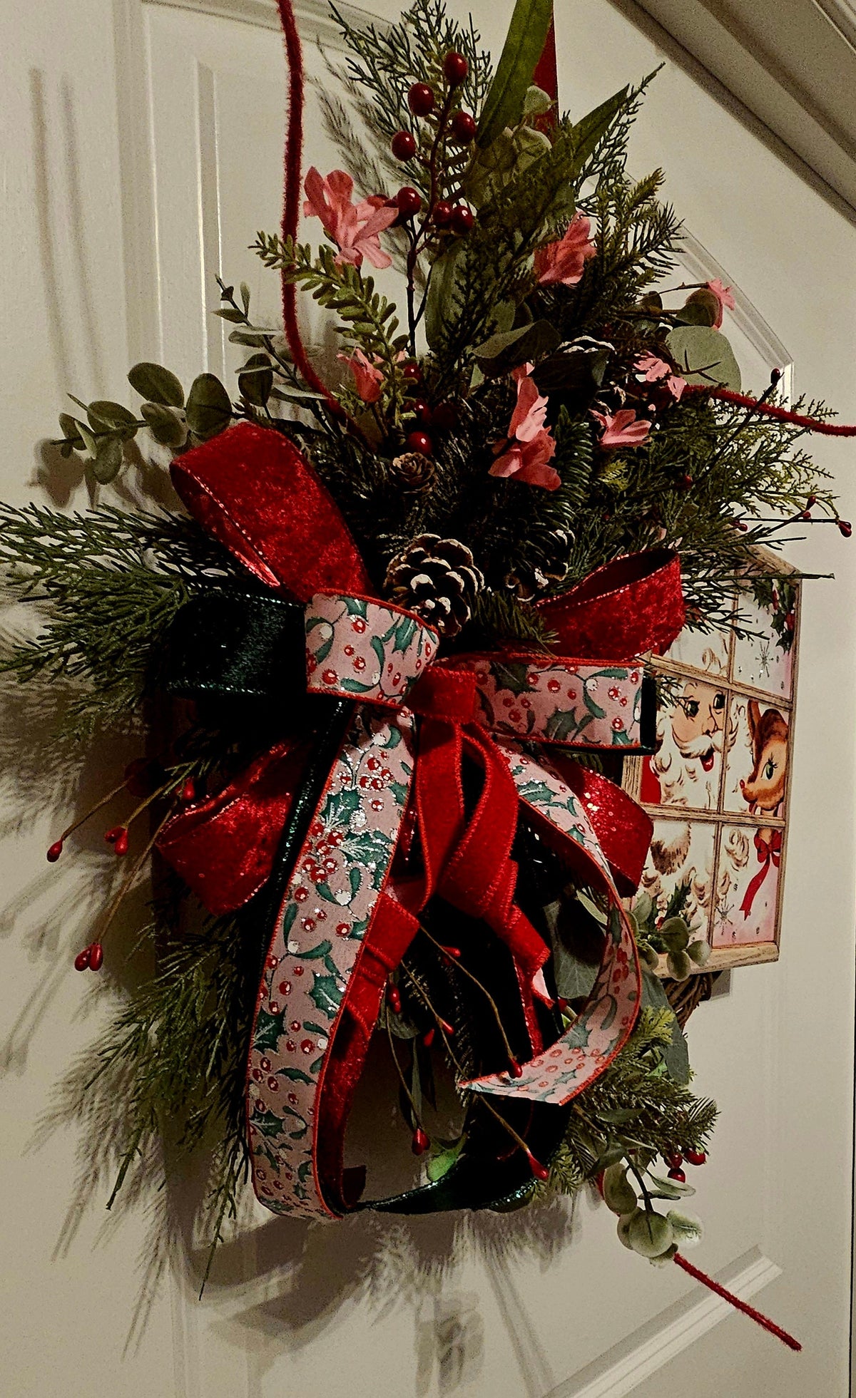 Vintage Santa & Rudolph Christmas Wreath - Handmade Pinecone Holiday Decor