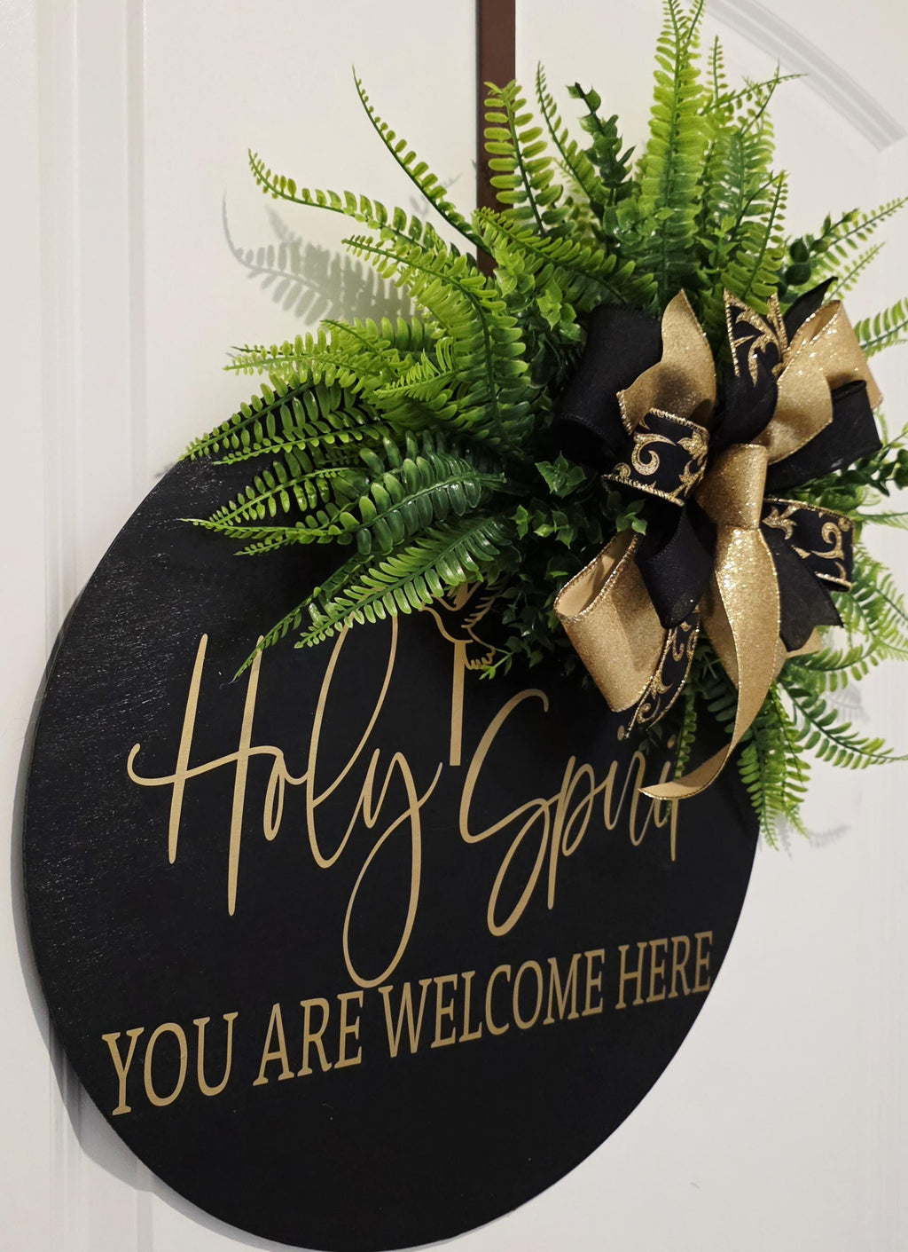 Holy Spirit Welcome Door Hanger, Black Gold Farmhouse Christian Decor