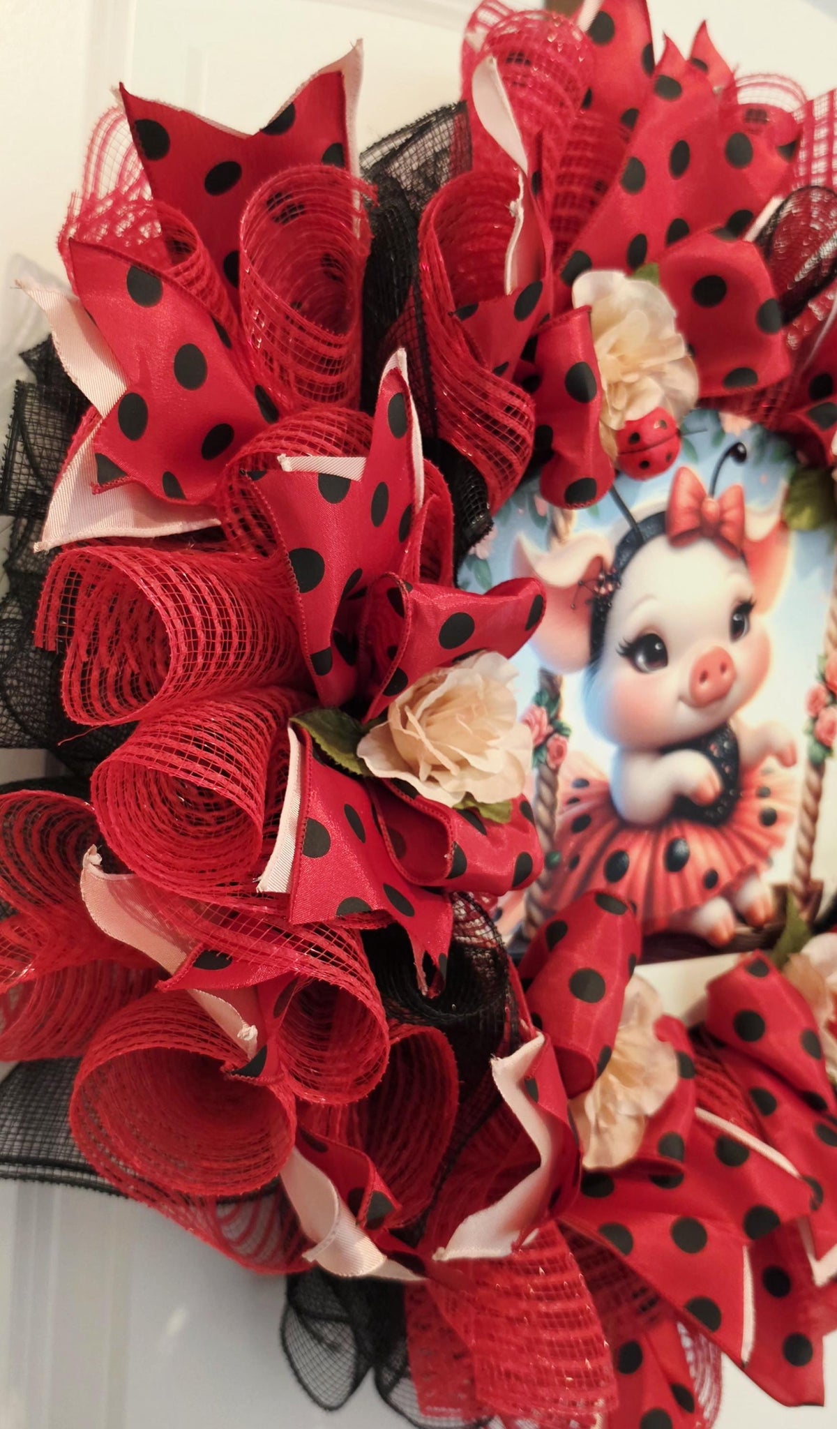 Ladybug Pig Wreath: Red Black Polka Dot Spring Summer Door Hanger