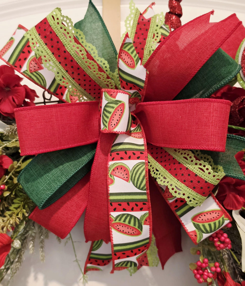 Watermelon Summer Wreath, Hello Summer Grapevine Door Hanger, Red Green Floral Decor