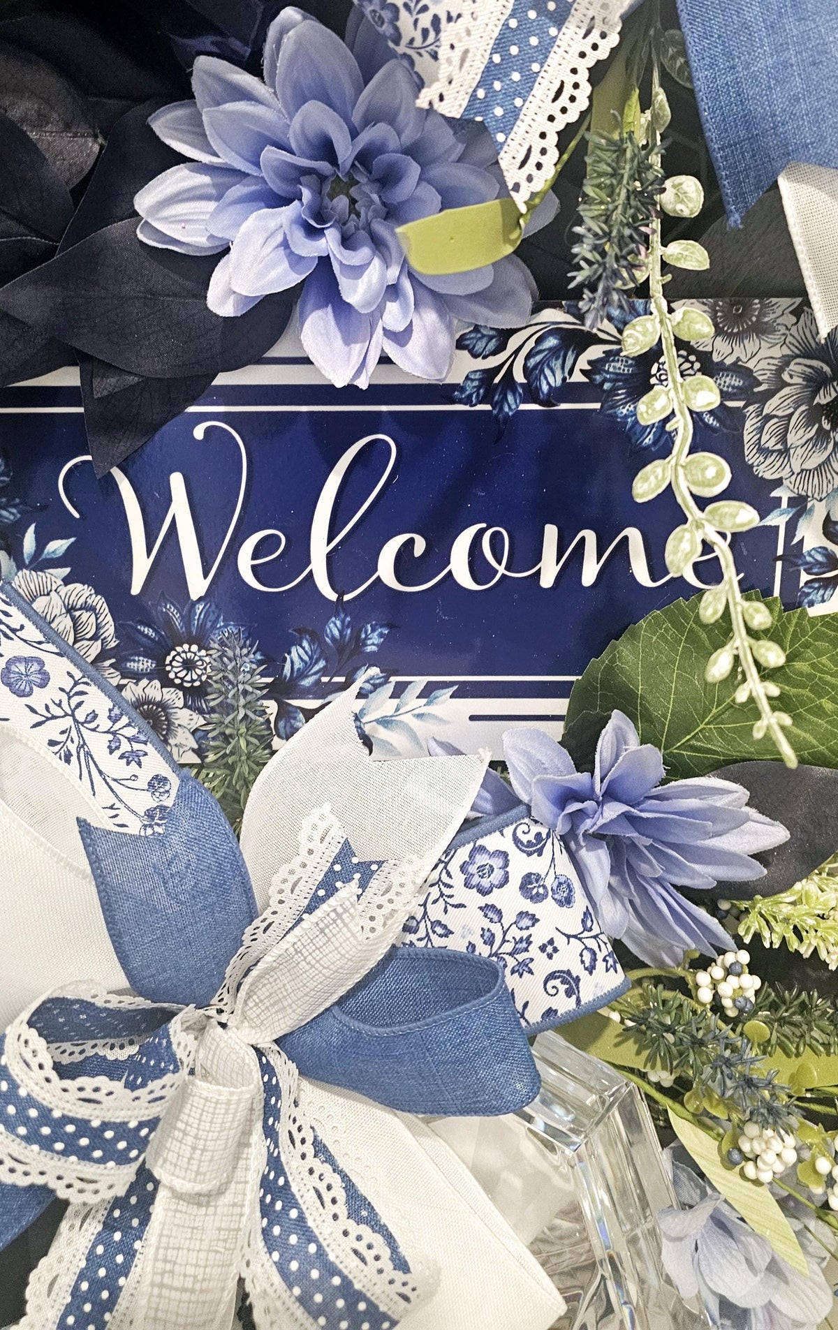 Blue Hydrangea Welcome Swag, Chinoiserie Door Decor, Handmade Floral Wreath